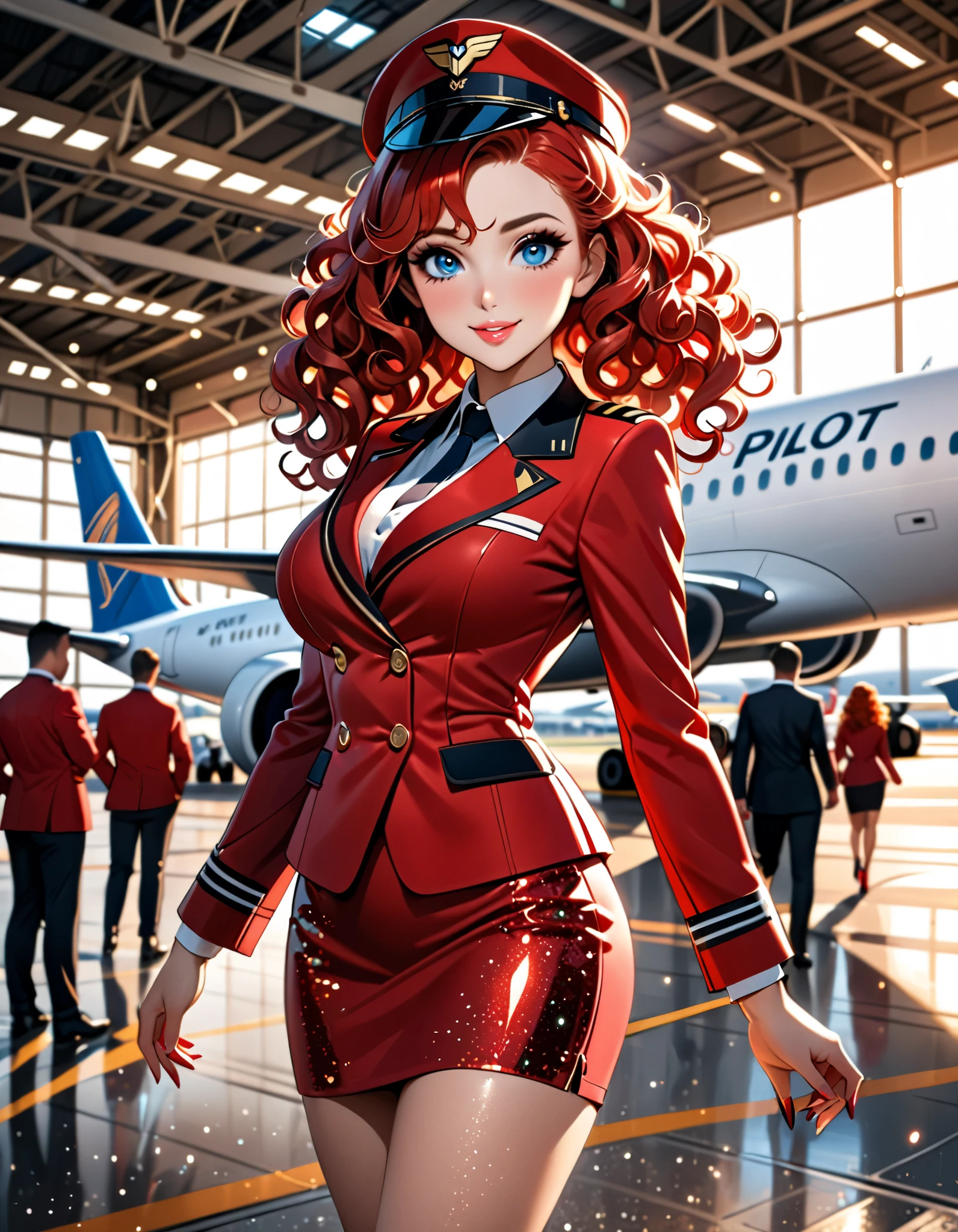 (masterpiece, best quality:1.4), ultra-detailed, finely detailed, intricate details, smooth lighting, (depth of field, cowboy shot), realistic, perfect female form, flirty, teasing, stewardess, standing, (perfect face, detailed face), pink lips, glossy lips, eyeliner, blush, makeup, (expressive eyes), (red hair, curly hair), (natural breasts, cleavage), curvy body, enchanting smile, (stewardess uniform, red uniform), open blazer, unbuttoned shirt, (pilot cap), (airport, lounge),