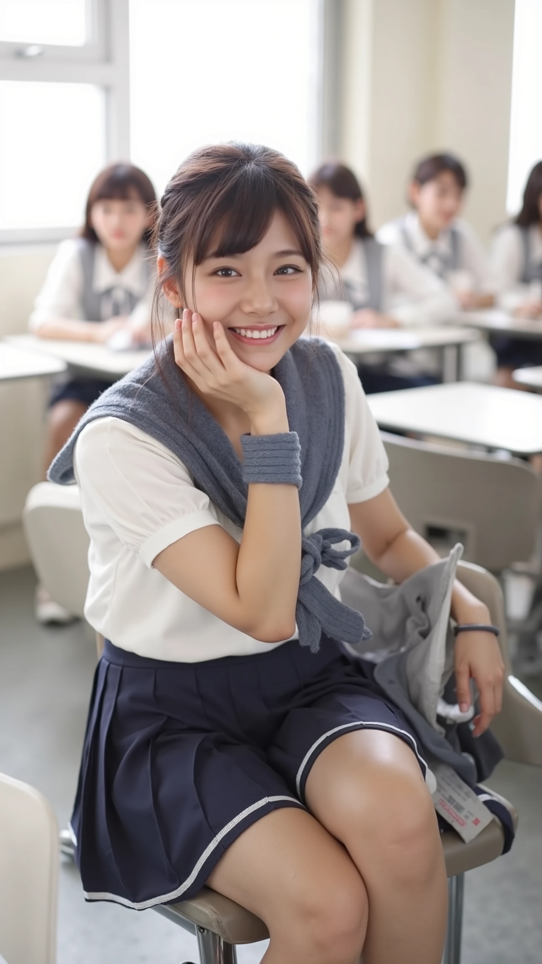 is sitting on a chair with her elbow on her classroom desk and looking ahead、 has a short hairstyle and a big smile、I'm wearing a high school uniform and a dark blue pleated miniskirt、Wear dark blue socks、 sneakers similar to Oko 、Photorealistic image showing the whole body with a composition viewed from the side、(Tokyo school classrooms:1.3)、(Outside the window is the schoolyard)、There are a lot of students around