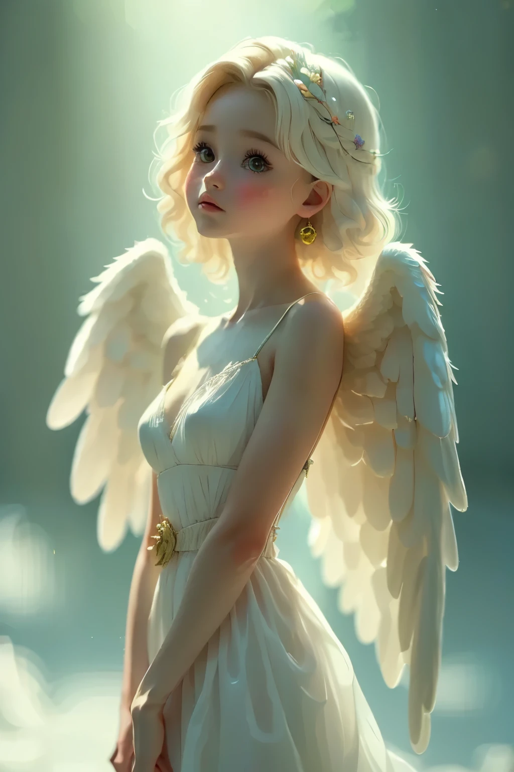 ( A Young Lady Angel )、 portrait ,(whole body)、 detailed face, detailed skin, beautiful hair、 Klimt Style 、Ink Art, Fibonacci, ( TOP QUALITY、 high resolution、 Masterpiece)、8k、 wallpaper、
