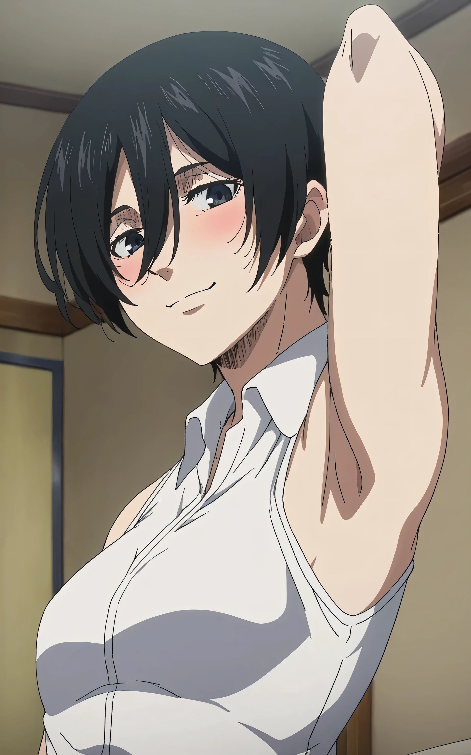masterpiece, best quality, amazing quality, anime screencap, 1girl, solo, mikasaIL, short hair, hair between eyes, black hair, black eyes, white shirt, collared shirt, sleeveless, bare shoulders, bare arms, arm behind head, armpit, head towards viewer, looking at viewer, smile, closed mouth, indoors, from side, from below, blush