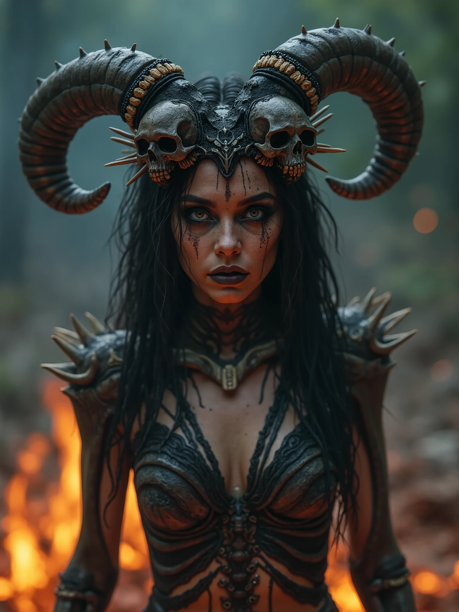 Beautiful necromancer goddess woman,part skeleton part demon rising from a fire pit, scared and vounds on her and a spiked crown made from giant bones and skulls on her head,dark makeup on her face, majestic eyes and dark tight wet shirt, dark surreal photography, dark art,dark realistic art, melancholic atmosphere