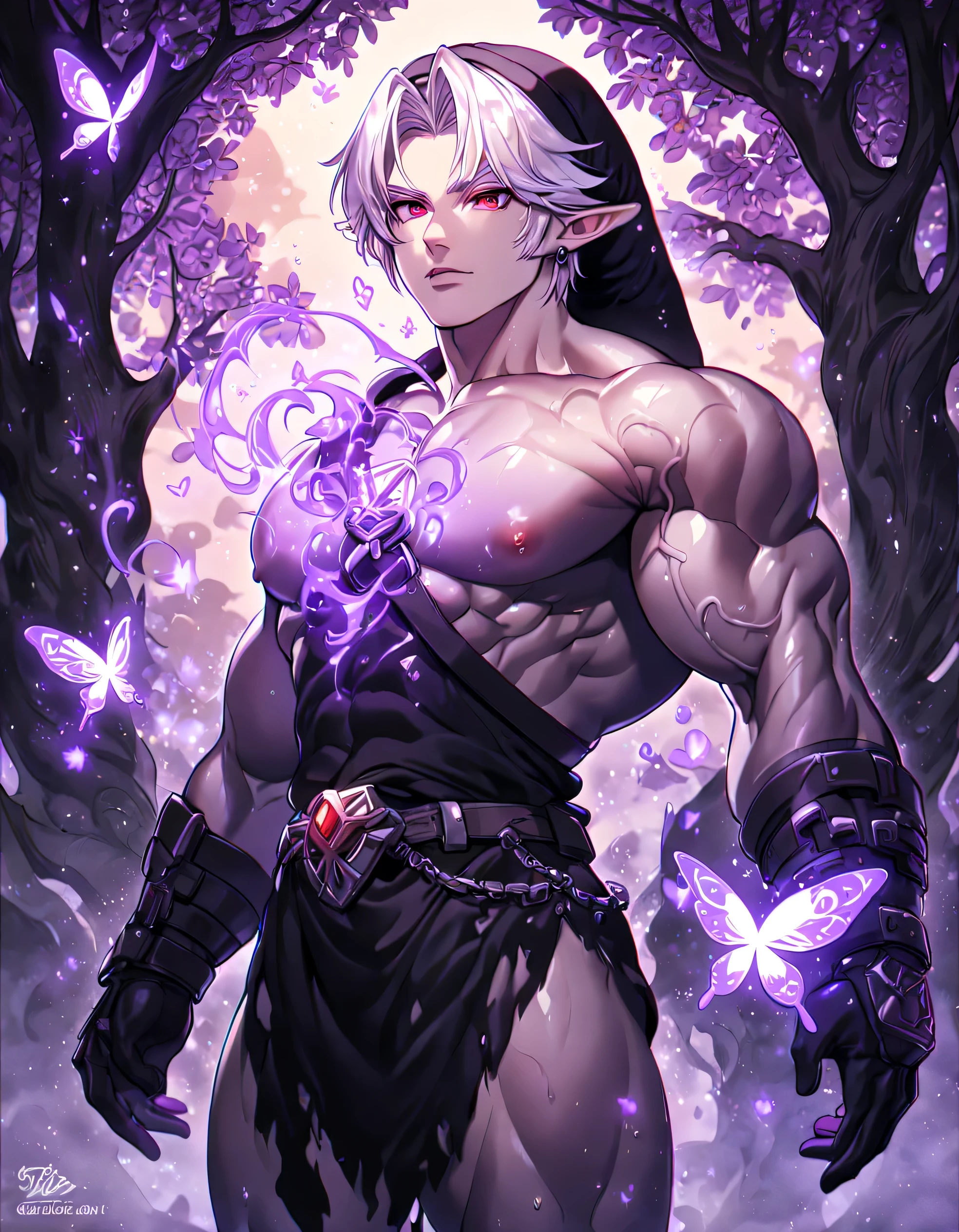 absurdres, highres, ultra detailed, HDR, master piece, best quality, extremely detailed, Dark Link, white hair, expressive red eyes, The Legend Of Zelda Ocarina Of Time, solo, sexy man, sensual, handsome, black tunic, black hat, black gauntlets, black skin, under a purple tree, fantasy, magical, purple glittering fireflies, purple butterflies, purple flames, glass magic, purple leaves, muscular male, huge muscles, very muscular male, very sexy man,