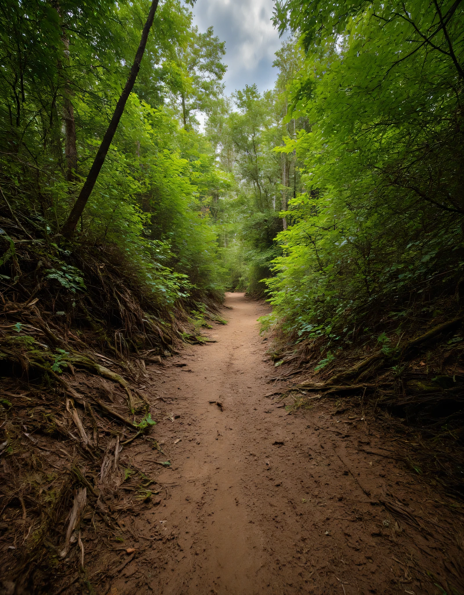 Create an ultra-definition photo image capturing a hyper-realistic portrayal of a deep rain tropical jungle of hiking muddy trail. Emphasize the stunning intricacies of nature, employing a National Geographic photography style. Highlight the hyper-realistic textures of the foliage, the interplay of light and shadow, and the natural vibrant colors throughout the ultrarealistic of hiking roots mud trail scenery. Focus on a mixed lighting concept that enhances the fullest depth and clarity of the image, showcasing it as an award-winning piece of nature photography. Ensure the final result is a RAW photo image of the highest quality, inviting viewers to immerse themselves in the serene beauty of this untouched hyper-realistic tropical trees, mountaineering wilderness.