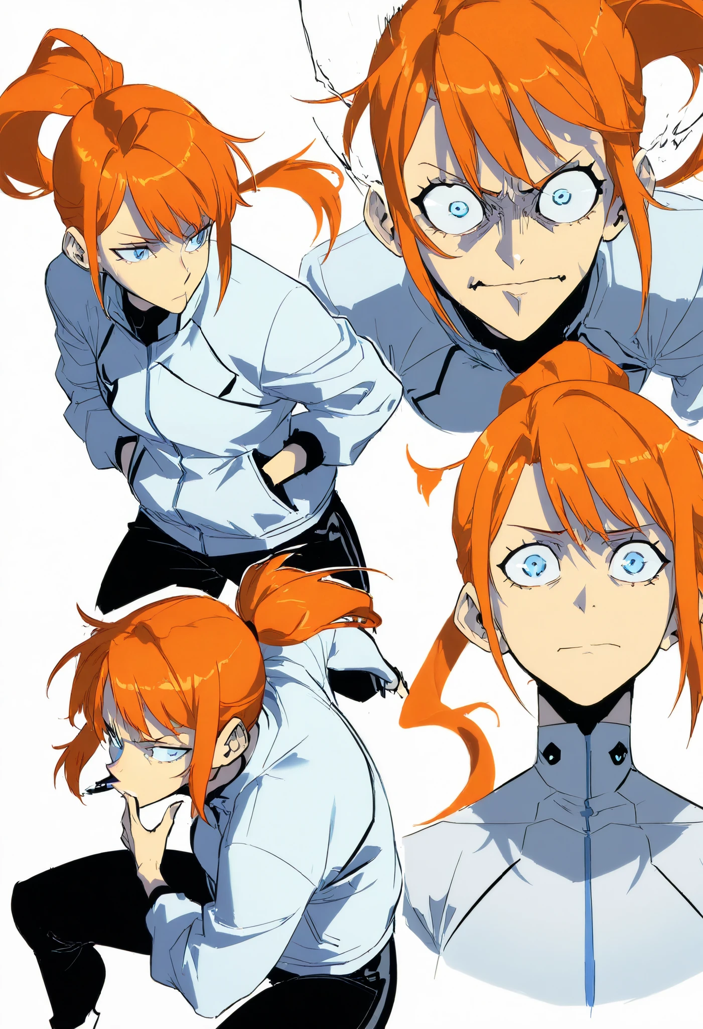 Athletic woman in futuristic fantasy clothes, Long orange hair under a cap, ponytail, blue eyes, tight white jacket, black pant, intricate pencil sketch, expressive eyes and nose and mouth, un-zoom, highly detailed, dynamic pose, white background, Hans in pockets, upperbody 
