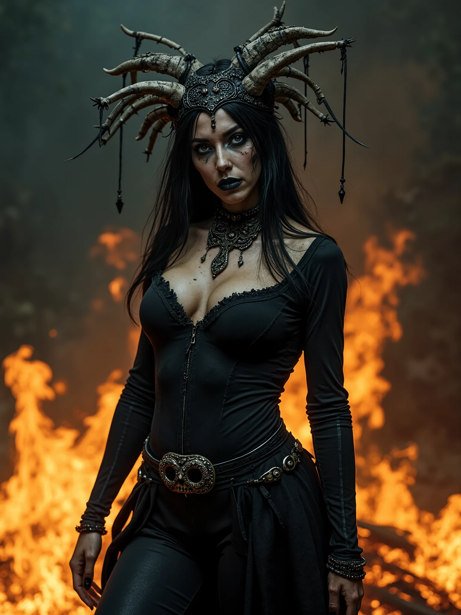 create an image in 3d art - Comadre Flousinha - is a scary woman - dark - phantasmagoria with long fire-colored hair and black - protects animals and nature - with a scythe and a whip in her hand - who makes scary whistles - lives riding and scaring the hunters.
