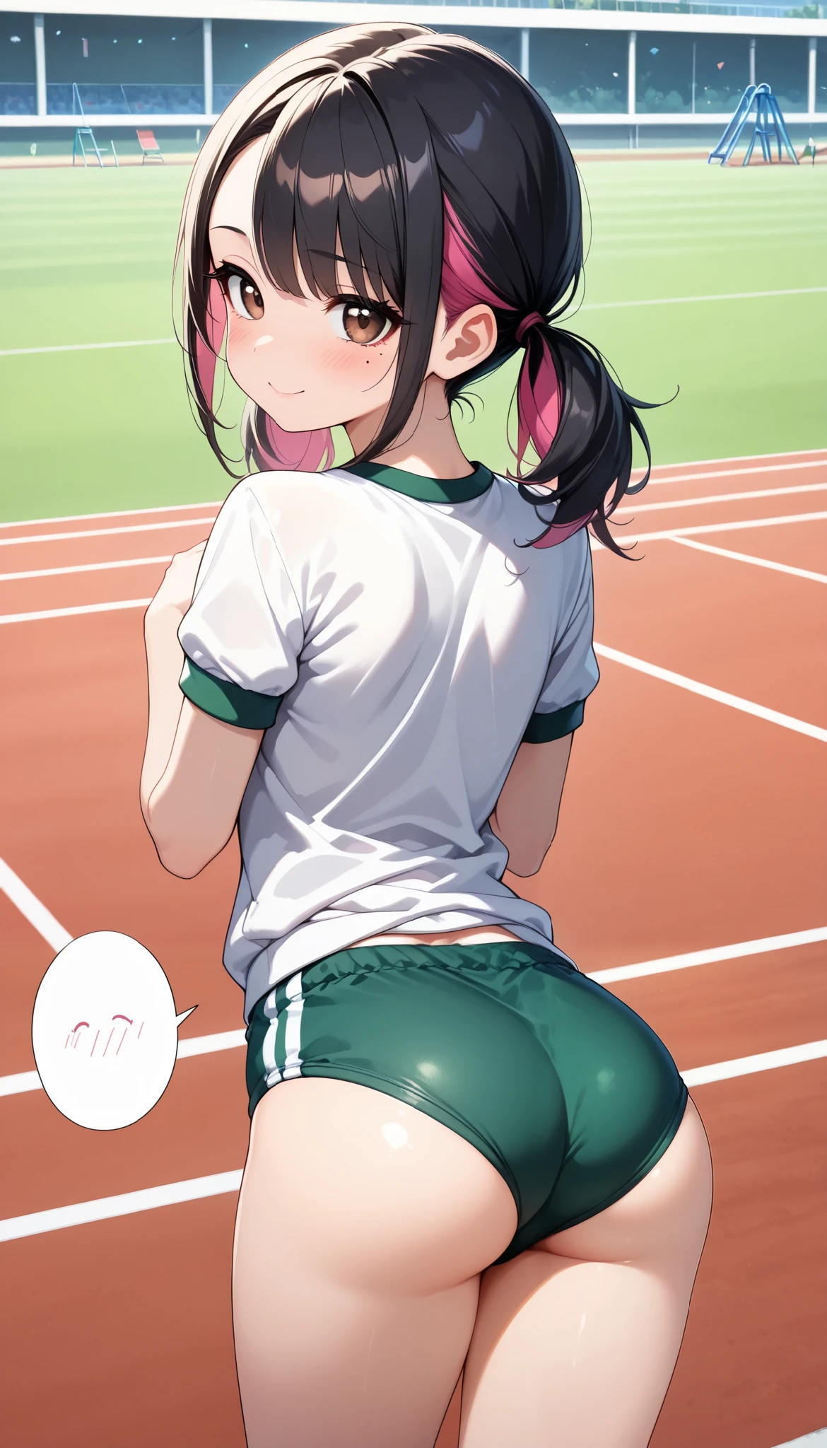 ( Cute Girls , petite body, brown eyes), 1 female:1.6, ( beautiful high school girl , black hair with pink inner color hair, High Positioned Twin Tails , asymmetrical bangs , mole under the eye:1.2, small face, beautiful skin, Embarrassed smiling face, blush), Beautiful and shining eyes, glossy lips , very detailed目と顔, long eyelashes, (Crew neck shirt, GREEN BURUMA , poses on a track and field track, Back view, butt close-up:1.2), One Shot, School playground scenery :1.2, Quiet, light shining in ,( highest quality:1.2, very detailed, high detailed CG illustration , Soft Focus , Masterpiece:1.2, Best Aesthetics), Perfect face , Perfect Hands, PERFECT LEGS , perfect fingertips,