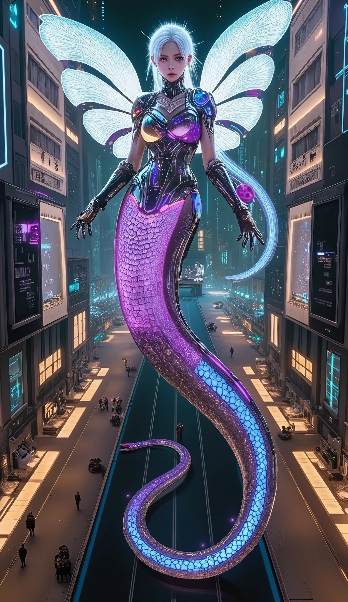 Create a massive, futuristic Serpent Woman, towering above a vast, quantum cyber city. Her upper body is human, but armored in sleek, advanced combat gear, featuring futuristic plating, glowing circuits, and neon accents, giving her the appearance of a high-tech warrior. The armor is intricately designed, with smooth, metallic surfaces and sharp geometric edges that reflect the pulsating energy of the city. Her porcelain skin peeks through the armor, adorned with glowing circuit-like patterns, adding a blend of organic elegance and cutting-edge technology. Her long, flowing hair is a cascade of metallic silver, interwoven with electric-blue strands, pulsating like living wires, and glowing with powerful energy. Her eyes emit a radiant, vibrant glow, brimming with ancient knowledge and futuristic power. Below her waist, her body seamlessly transforms into a colossal, coiling serpent tail, covered in iridescent scales that shimmer in neon shades of purple, green, and blue. The scales are etched with intricate digital patterns, flickering with energy that mirrors the city’s high-tech environment. From her back, massive translucent wings unfold, resembling glowing digital grids and shimmering holograms. These wings pulse with electric energy, amplifying the overwhelming power flowing through her serpent tail. She stands amidst the towering spires and luminous streets of a quantum cyber city, with neon lights and holographic projections illuminating the futuristic landscape. The city is a vast expanse of interconnected metallic structures, glowing circuit patterns running along the surfaces, creating an awe-inspiring, technological wonder. The air is filled with energy and digital hums, a perfect fusion of nature, technology, and quantum innovation. Her imposing, yet graceful presence exudes both beauty and supreme power, as if she is the protector and ruler of this futuristic world, balancing both the ancient and the cutting-edge.