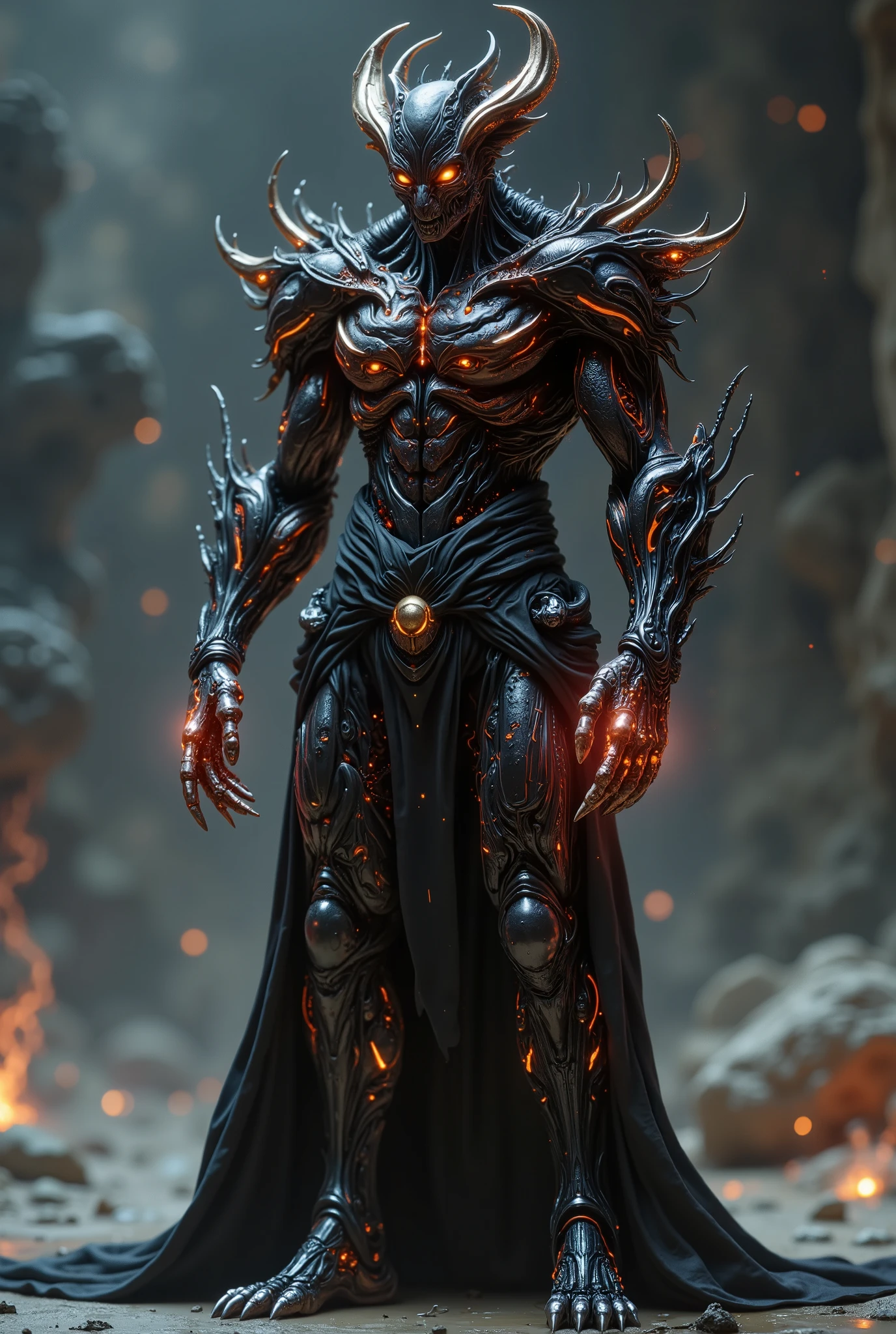 Full-body image of a terrifying demon enveloped in cybernetic corruption with cybernetic skin and implants, standing menacingly in front of the viewer. Hellfire background
