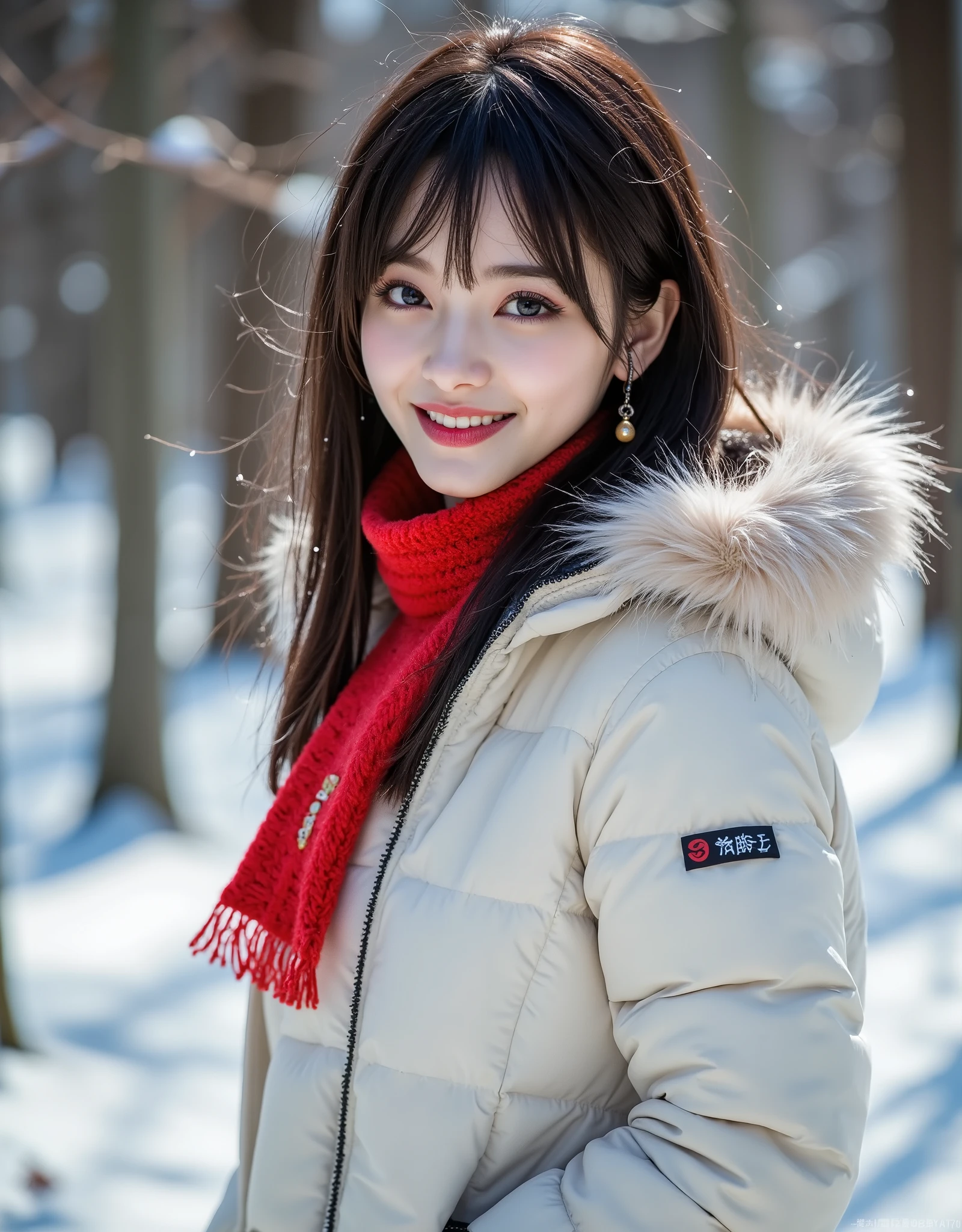 (Canon), (EOS R5), (50mm), (No lens flare :1.5), (超 high resolution), ( Masterpiece), accurate,( by Nomiな質感の肌), super detailed, high detail, high quality , Award-winning work , 最 high quality,32K, depth of field, digital camera, award-winning glamour photo , professional lighting, (SFW), ((最 high quality:1.5)), (( Masterpiece:1.5)), (( by Nomi)), high resolution, ( very beautiful and cute one Japanese woman ), (( upper body shot :1.5)), ((綺麗で beautiful, 18 year old Japanese)), (( high school girl)), 綺麗でFluffyの black hairロングヘアー, very sexy, charming beauty, seductive pose holding hands, Height: 160cm, slim figure, beautiful shaped big bust , E Cup, ( beautiful, Fluffy, black hair, medium hair :1.5), ( very cute smile:1.5), beautiful金のリアルなイヤリング, Detailed facial features , (Extremely detailed and realistic skin :1.5), (( extremely detailed realistic eyes :1.5)), ((極めて beautiful瞳 :1.5)), (( Extremely Detailed, Long, Beautiful Lashes :1.5)), ((Extremely detailed and beautiful eyebrows :1.5)), (( Extremely Detailed, Attractive, and Moisturized Lips :1.5)), (( white teeth beautifully arranged )), very detailed, Snapshot, Natural Soft Light , In a snowy forest , ((ロングの白いダウンコートを着た beautiful女性)), dancing gesture , Depiction of light, It's snowing, white breath coming out of her mouth , 天使のような可愛くて beautiful顔, Round face, Double eyelids, Big brown eyes, Beautiful irises, beautiful black hair,A warm and happy expression , Embarrassingly red cheeks, Refined Hat , stylish red winter scarf , Snow boots , beautiful自然を描いた,Outdoors, (最 high quality,masterpiece:1.3, 超 high resolution), ( very detailedな, caustics), high resolutionで人間の皮膚, natural skin texture , Uses natural light and colors,( depth of field, Color Difference, Wide-area lighting, Natural Shading), (夜の Outdoors 照明:1.4), ( It's snowing:1.3), ( a very beautiful and cute Japanese woman :1.2), (Reflective Snow:1.2), (( dynamic angle))