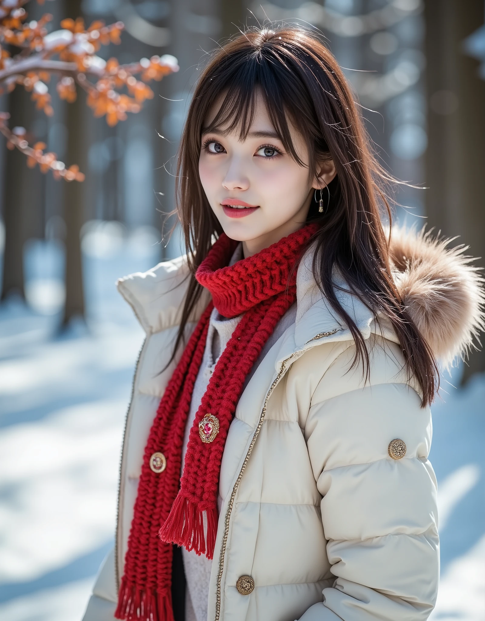 (Canon), (EOS R5), (50mm), (No lens flare :1.5), (超 high resolution), ( Masterpiece), accurate,( by Nomiな質感の肌), super detailed, high detail, high quality , Award-winning work , 最 high quality,32K, depth of field, digital camera, award-winning glamour photo , professional lighting, (SFW), ((最 high quality:1.5)), (( Masterpiece:1.5)), (( by Nomi)), high resolution, ( very beautiful and cute one Japanese woman ), (( upper body shot :1.5)), ((綺麗で beautiful, 18 year old Japanese)), (( high school girl)), 綺麗でFluffyの black hairロングヘアー, very sexy, charming beauty, seductive pose holding hands, Height: 160cm, slim figure, beautiful shaped big bust , E Cup, ( beautiful, Fluffy, black hair, medium hair :1.5), ( very cute smile:1.5), beautiful金のリアルなイヤリング, Detailed facial features , (Extremely detailed and realistic skin :1.5), (( extremely detailed realistic eyes :1.5)), ((極めて beautiful瞳 :1.5)), (( Extremely Detailed, Long, Beautiful Lashes :1.5)), ((Extremely detailed and beautiful eyebrows :1.5)), (( Extremely Detailed, Attractive, and Moisturized Lips :1.5)), (( white teeth beautifully arranged )), very detailed, Snapshot, Natural Soft Light , In a snowy forest , ((ロングの白いダウンコートを着た beautiful女性)), dancing gesture , Depiction of light, It's snowing, white breath coming out of her mouth , 天使のような可愛くて beautiful顔, Round face, Double eyelids, Big brown eyes, Beautiful irises, beautiful black hair,A warm and happy expression , Embarrassingly red cheeks, Refined Hat , stylish red winter scarf , Snow boots , beautiful自然を描いた,Outdoors, (最 high quality,masterpiece:1.3, 超 high resolution), ( very detailedな, caustics), high resolutionで人間の皮膚, natural skin texture , Uses natural light and colors,( depth of field, Color Difference, Wide-area lighting, Natural Shading), (夜の Outdoors 照明:1.4), ( It's snowing:1.3), ( a very beautiful and cute Japanese woman :1.2), (Reflective Snow:1.2), (( dynamic angle))