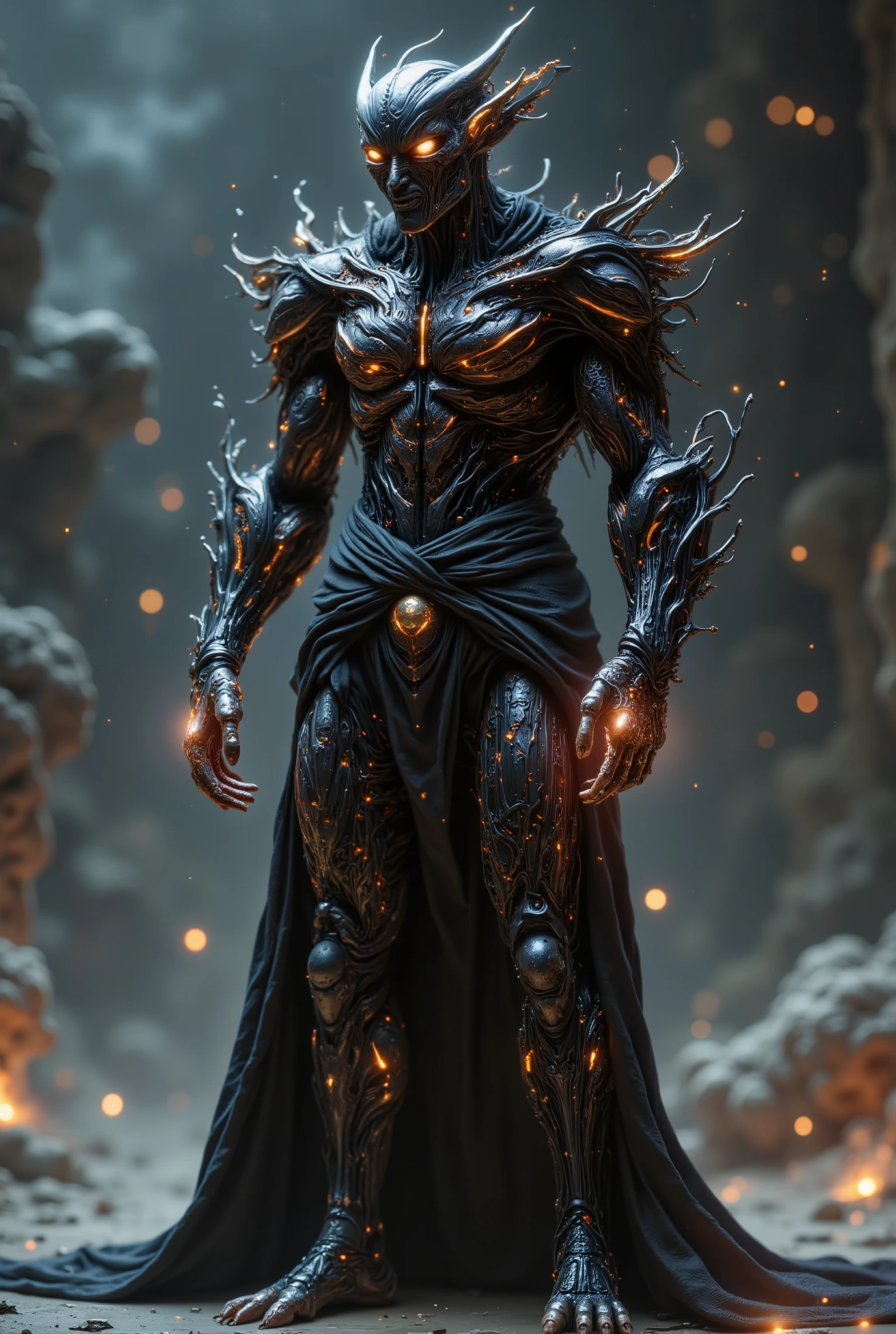 Full-body image of a terrifying demon enveloped in cybernetic corruption with cybernetic skin and implants, standing menacingly in front of the viewer. Hellfire background