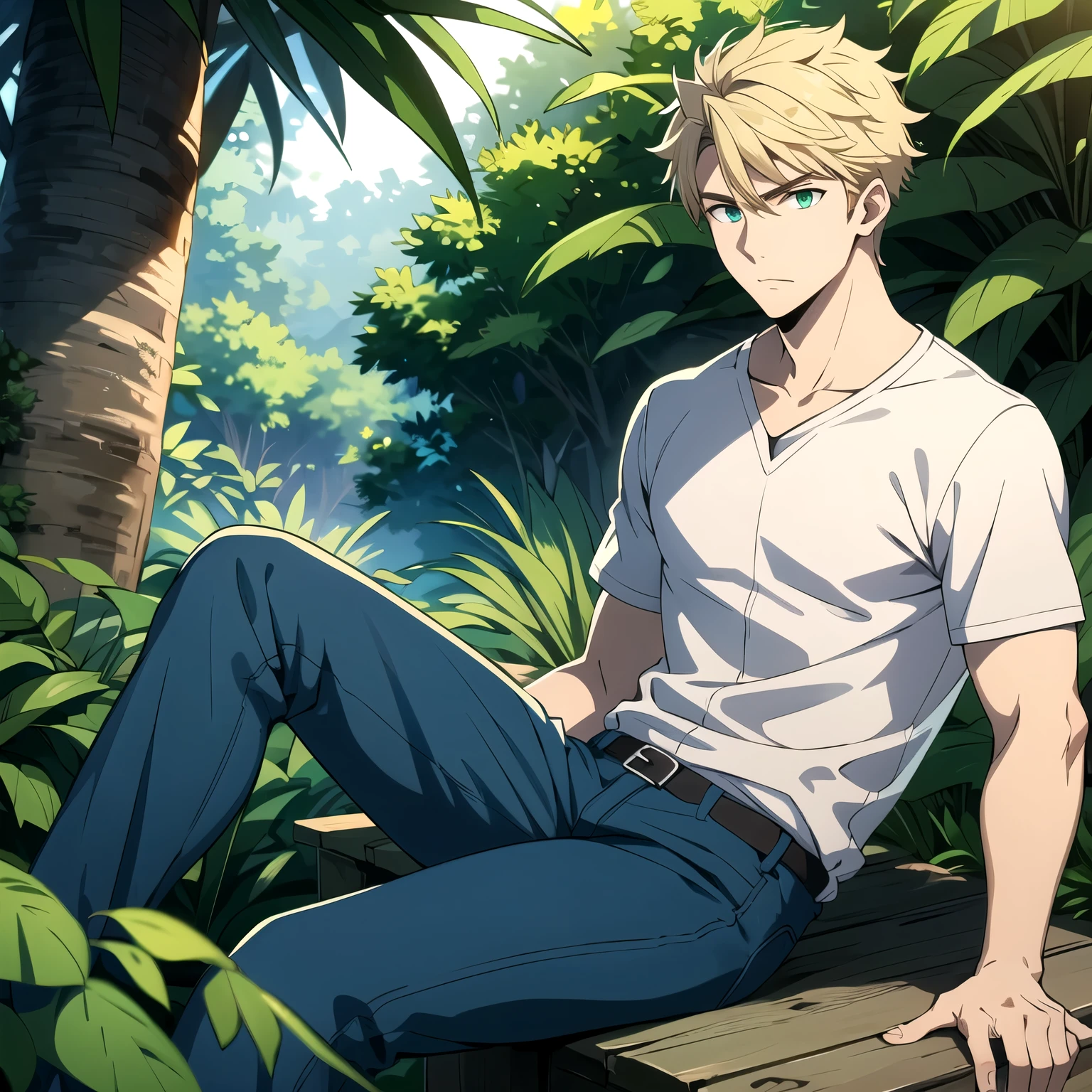 a handsome young man in his 20s. Blond hair , green eyes, white shirt and blue pants. a 20-year-old young man is in the middle of a jungle . he is alone . lonely boy.