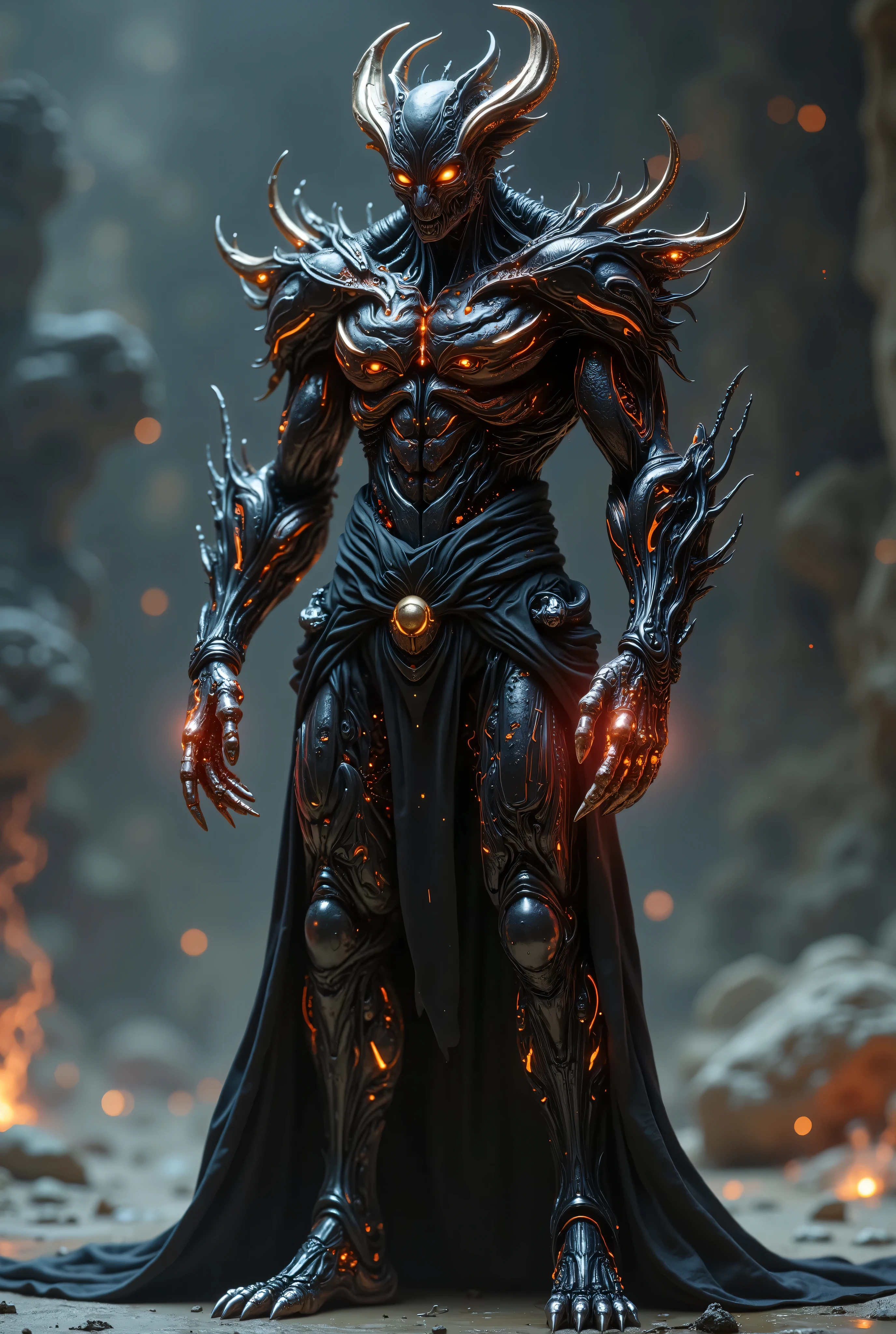 Full-body image of a terrifying demon enveloped in cybernetic corruption with cybernetic skin and implants, standing menacingly in front of the viewer. Hellfire background
