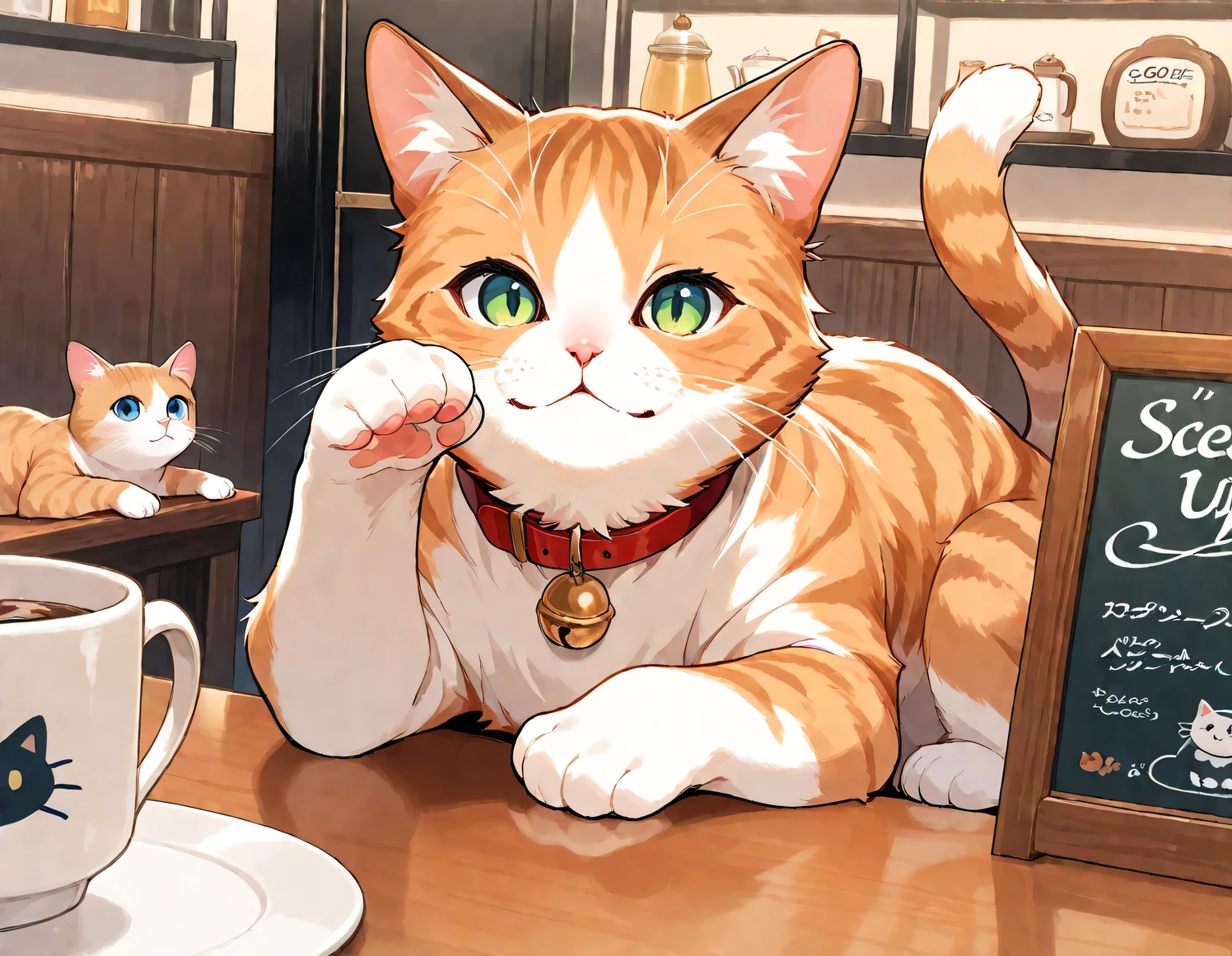 Anime cat sitting at a table with a cup of coffee - SeaArt AI