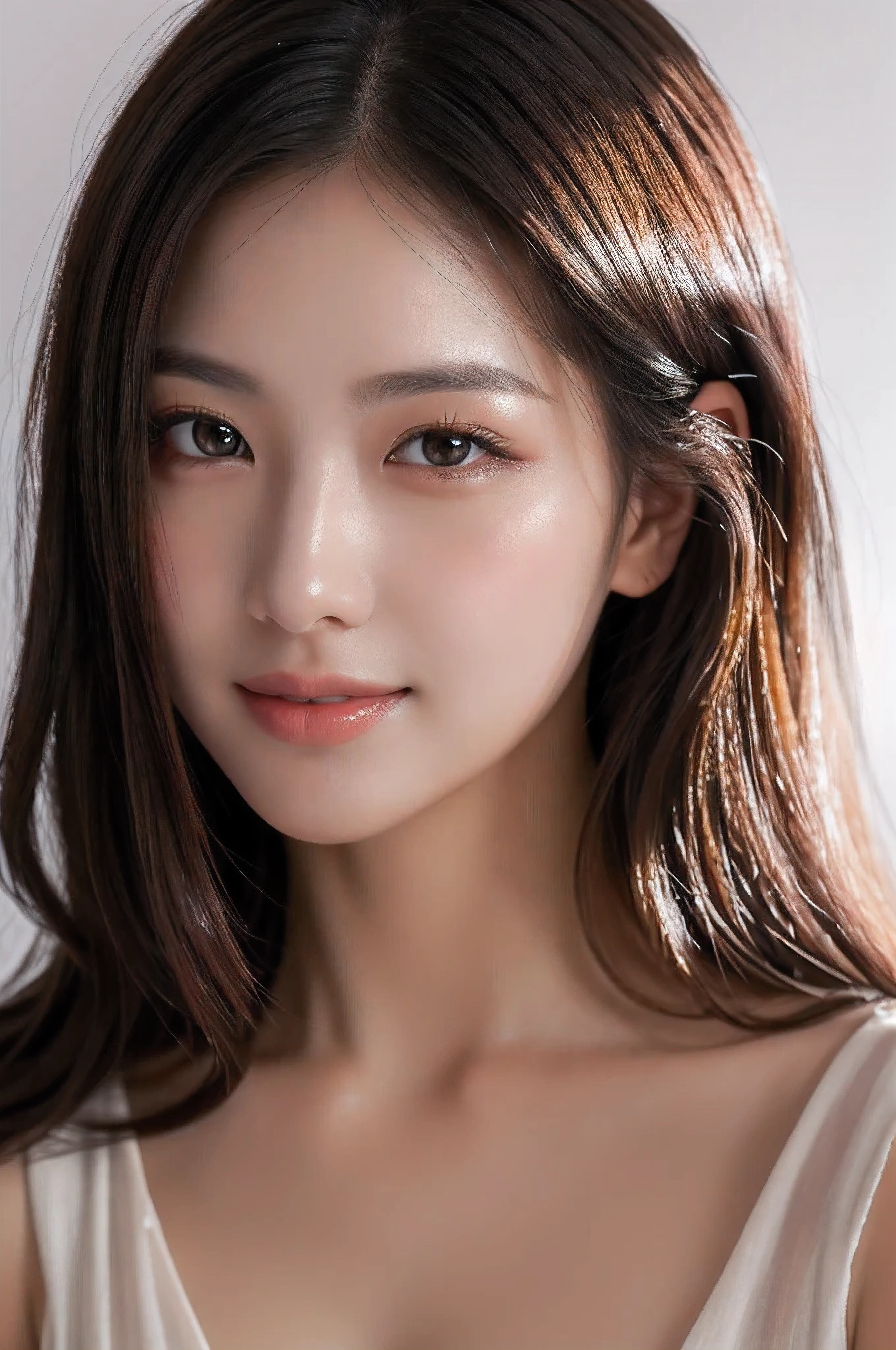 ((Highest quality, 8k wallpaper, masterpiece : 1.3)), (Well-defined abs : 1.1), (Ultra Resolution : 1.0), Beautiful Lighting, Soft lighting, Daylight, Sunlight, Realistic Shadows, Ultra Detailed, Studio shoot, Photography, A beautiful Korean girl, Detailed skin texture, Fine eyes, Blush, Realistic eyes, Detailed Lips, Glossy lips, Glossy face, Dark brown hair, (Never exposed : 1.3), Naturally, Thin layer make up, Bright skin, Smooth face, A slight smile on face, A face in profile, Black wear