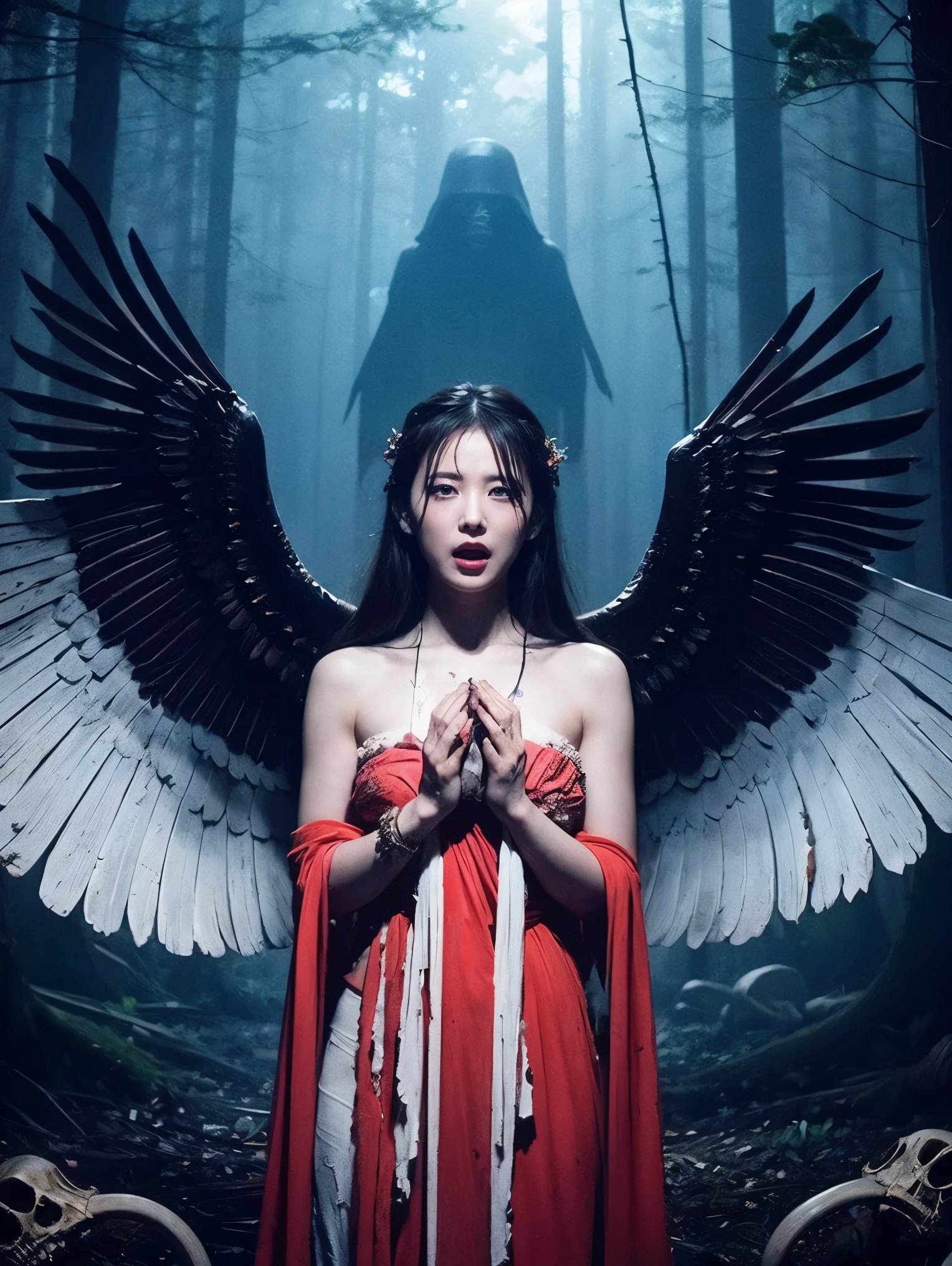 A beautiful goddess、Put your hands together and pray 、 spreading beautiful big wings , A large amount of red liquid is flowing from her eyes, Horror Mood、A dark forest with faint light, Black Mist, Surrounded by shabby skulls