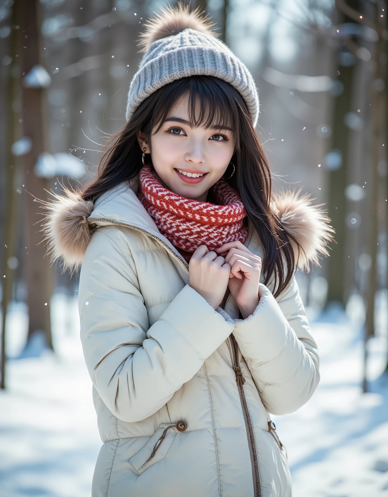 (Canon), (EOS R5), (50mm), (No lens flare :1.5), (超 high resolution), ( Masterpiece), accurate,( by Nomiな質感の肌), super detailed, high detail, high quality , Award-winning work , 最 high quality,32K, depth of field, digital camera, award-winning glamour photo , professional lighting, (SFW), ((最 high quality:1.5)), (( Masterpiece:1.5)), (( by Nomi)), high resolution, ( very beautiful and cute one Japanese woman ), (( upper body shot :1.5)), ((綺麗で beautiful, 18 year old Japanese)), (( high school girl)), 綺麗でFluffyの black hairロングヘアー, very sexy, charming beauty, seductive pose holding hands, Height: 160cm, slim figure, beautiful shaped big bust , E Cup, ( beautiful, Fluffy, black hair, medium hair :1.5), ( very cute smile:1.5), beautiful金のリアルなイヤリング, Detailed facial features , (Extremely detailed and realistic skin :1.5), (( extremely detailed realistic eyes :1.5)), ((極めて beautiful瞳 :1.5)), (( Extremely Detailed, Long, Beautiful Lashes :1.5)), ((Extremely detailed and beautiful eyebrows :1.5)), (( Extremely Detailed, Attractive, and Moisturized Lips :1.5)), (( white teeth beautifully arranged )), very detailed, Snapshot, Natural Soft Light , In a snowy forest , ((ロングの白いダウンコートを着た beautiful女性)), dancing gesture , Depiction of light, It's snowing, white breath coming out of her mouth , 天使のような可愛くて beautiful顔, Round face, Double eyelids, Big brown eyes, Beautiful irises, beautiful black hair,A warm and happy expression , Embarrassingly red cheeks, Refined Hat , stylish red winter scarf , Snow boots , beautiful自然を描いた,Outdoors, (最 high quality,masterpiece:1.3, 超 high resolution), ( very detailedな, caustics), high resolutionで人間の皮膚, natural skin texture , Uses natural light and colors,( depth of field, Color Difference, Wide-area lighting, Natural Shading), (夜の Outdoors 照明:1.4), ( It's snowing:1.3), ( a very beautiful and cute Japanese woman :1.2), (Reflective Snow:1.2), (( dynamic angle))
