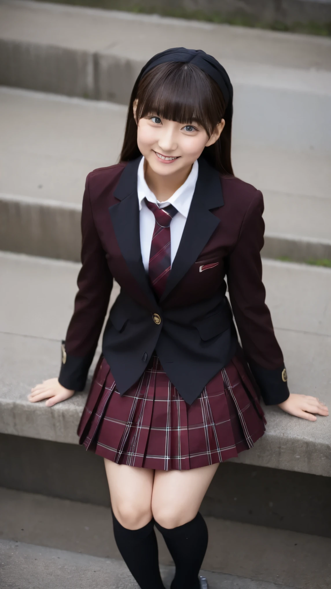 (8k), (  TOP QUALITY: 1.2), (  exists), (  exists: 1.37),   ultra high resolution,    sit and laugh ,   cute, smile,  blue eye color, shut up,   Beautiful Details , Beautiful Nose,   wet hair, Giant Dulcefo, pork,   thighs，Self Snap,University Uniforms,  Clear Days , I can see the sea in the distance ,  sitting on a park bench  ,Down,  from above,( simple burgundy blazer   ),(  dark brown pleated skirt),  dark red bow tie  ,(  skirt and tie are tartan check.:1.3),  thighs,  knee-high tights,  thighsにクローズアップ,Young and   cute gravure idol,
