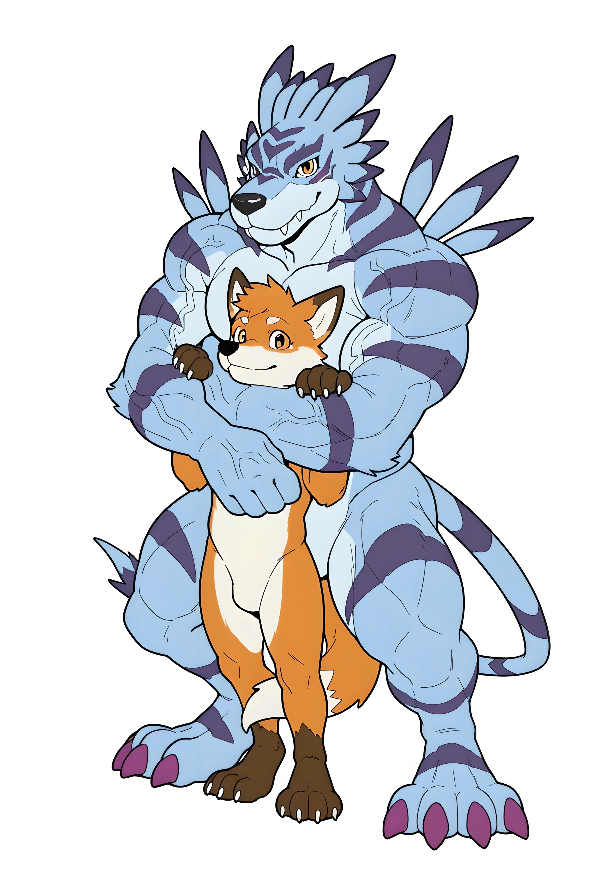garurumon, feral, muscular, male, cel shaded, flat color, standing, big paws, purple claws, big head, pecs, proud posture, detailed eyes, two characters, multiple characters, anthro fox, small fox, size_difference, head_lock, chokehold, arms around neck, white background, looking at each other, looking at viewer, (veiny muscles, veiny biceps)