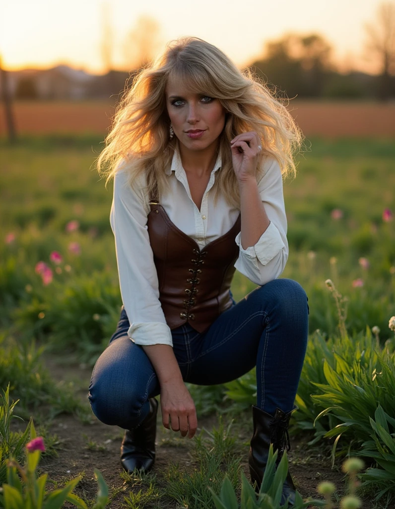 Anime style 21-year-old female character with blond, waist-length, wavy hair, V bangs, and blue eyes, squatting in a spring field at sunset, viewed frontally. She appears tired and is panting, with sweat on her forehead, dressed in a white blouse with a chocolate-colored corset over it, skinny tight blue jeans, and high boots. The background is a vibrant spring landscape with blooming flowers, green grass, and a warm sunset glow, creating a peaceful yet dynamic setting.
