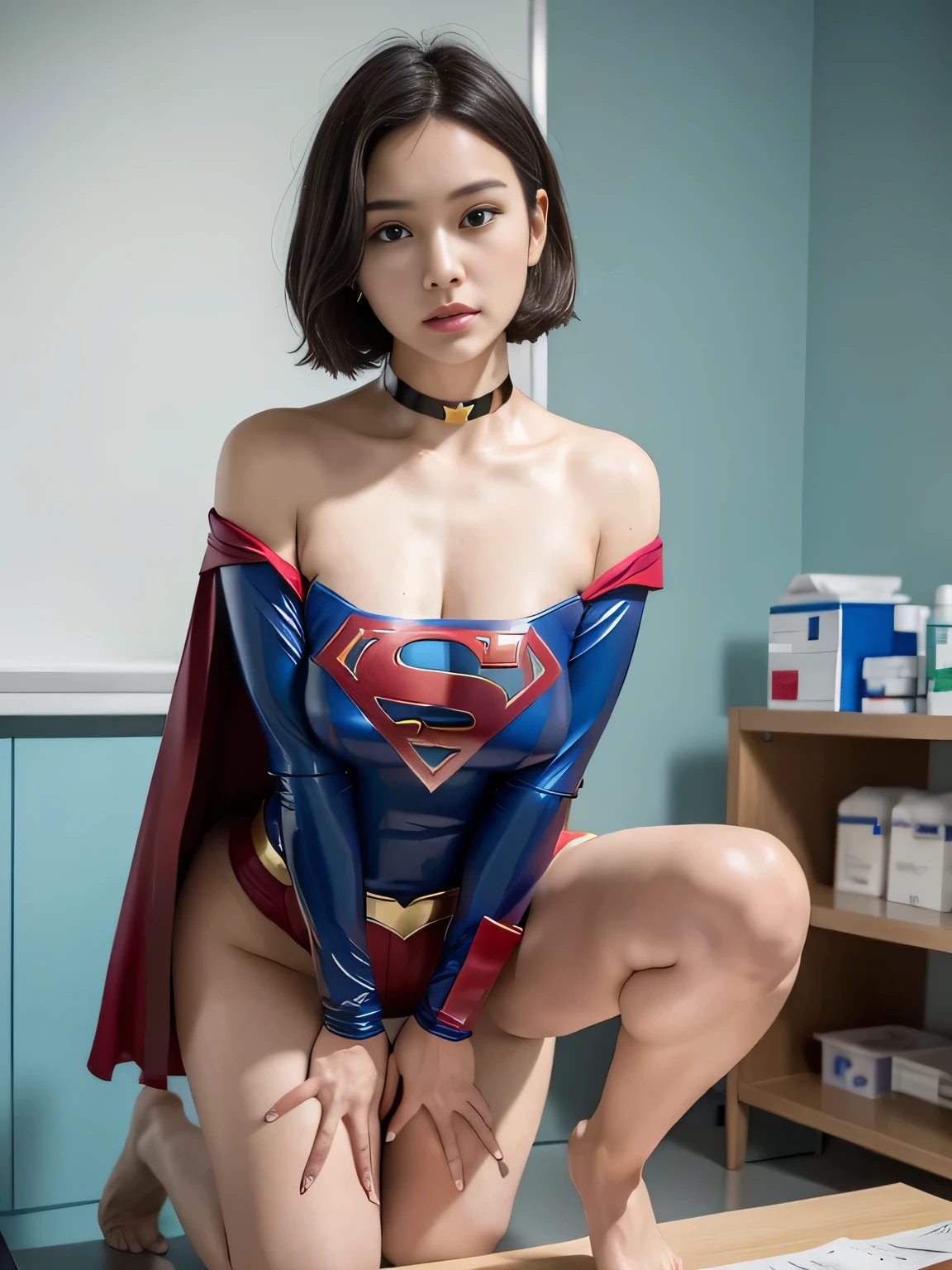 masterpiece、Supergirl costumes、short hair、Research room、operating table、barefoot、straddle、M-shaped legs、wide open legs、big and full breasts、red mini skirt、look at the camera、Sweat、Cowgirl、Sweatでいっぱい、発Sweat、Sweat scattering、Sweat wet、choker、long sleeve、Fluttering cloak、sperm extraction、attraction machine