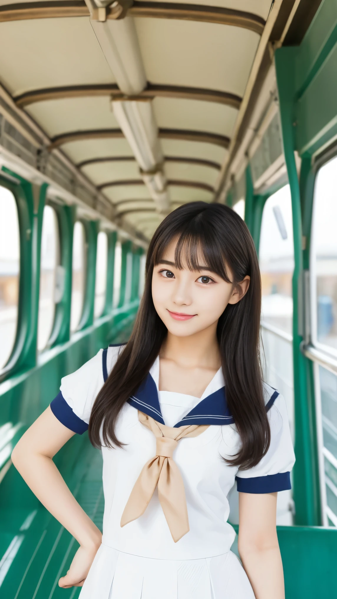  Masterpiece、   Best Quality Conversation 、  Train illustration  、   超 Details、   Details、    high resolution、   8k wallpaper、   perfect dynamic composition、  beautiful,   beautiful,    girl、 mature     、   Korean Idols、   beautiful Face with Attention to Detail 、 Detailed   beautiful Eyes  、   textured skin 、 With a faint smile、   small breasts、Thin arms、  female middle school sailor 