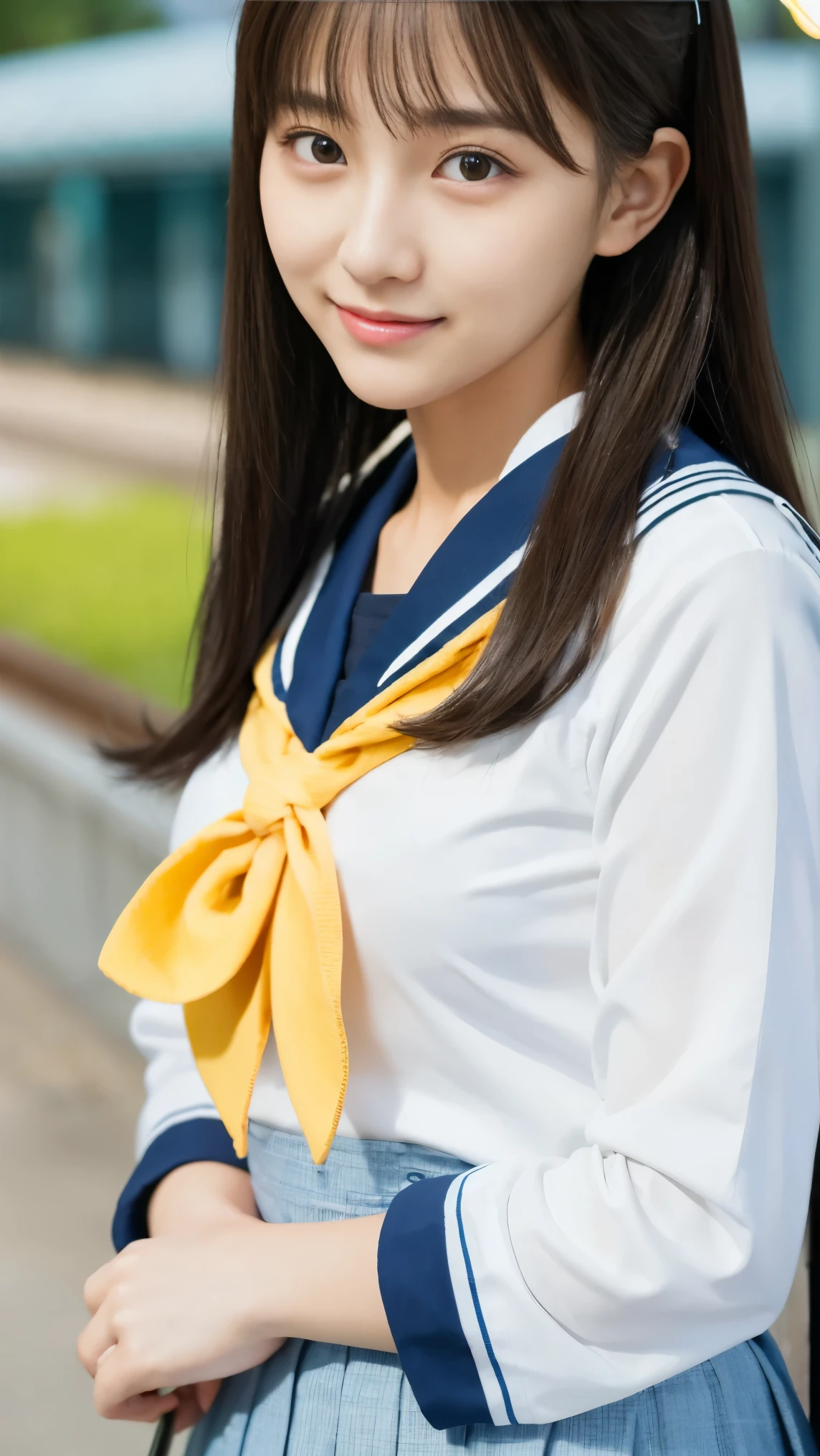  Masterpiece、   Best Quality Conversation 、  Train illustration  、   超 Details、   Details、    high resolution、   8k wallpaper、   perfect dynamic composition、  beautiful,   beautiful,    girl、 mature     、   Korean Idols、   beautiful Face with Attention to Detail 、 Detailed   beautiful Eyes  、   textured skin 、 With a faint smile、   small breasts、Thin arms、  female middle school sailor 