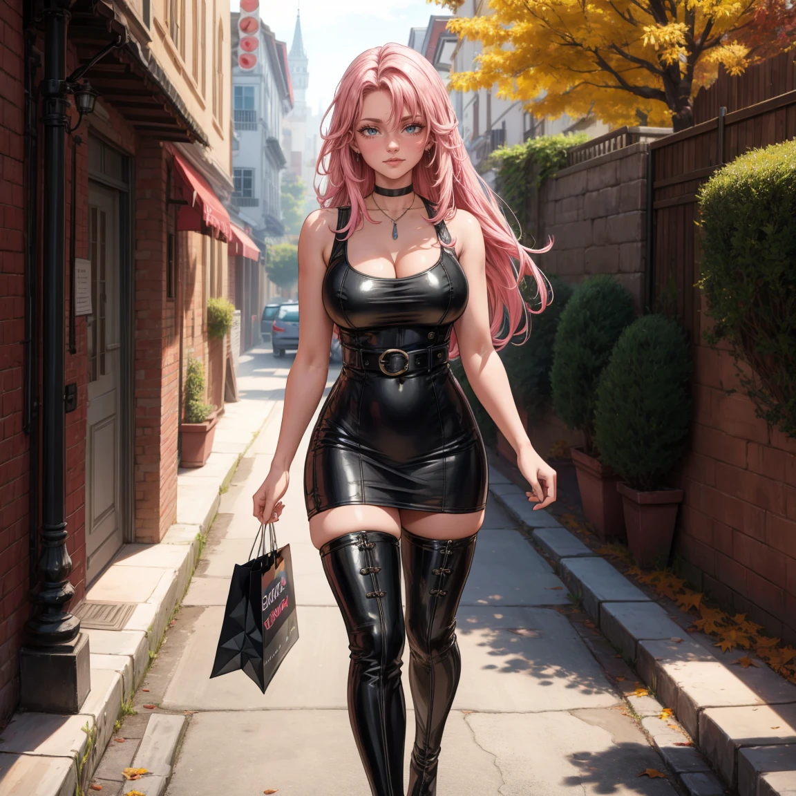 Masterpiece, beautiful art, 8k, art style by sciamano240, very detailed face, detailed hair, detailed clothes, detailed fabric, 1girl, beautiful face, long hair, pink hair , model head shot, facing camera, very detailed green eyes, sultry smile, wearing classy fall clothes, black dior thigh boots, black pencil skirt, walking , out shopping, necklace, chocker, rosey cheeks, sunny fall setting, full body view, photorealistic, indirect lighting, volumetric light, ray tracing, hyper-detailed, best quality, ultra-high resolution, HDR, (8k, Best Quality, Masterpiece:1.2), Ultra Detail, RAW Photo, Super Resolution, Professional Photo, Extremely Detailed and Beautiful, lot of drool, sweat, belly inflation