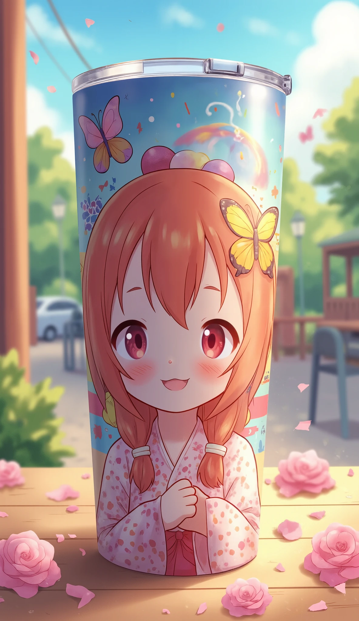 photorealistic 、 A tumbler with pictures of Japanese anime characters(Chibi Girl、smile、 butterfly hair ornament 、 colorful )