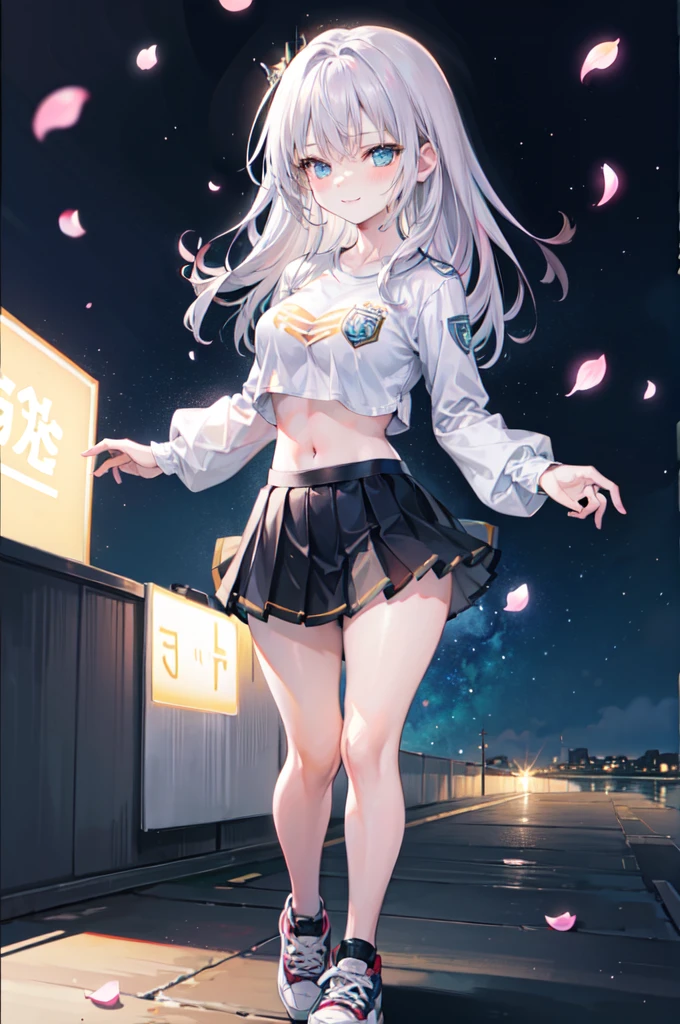 ((8K, Highest Quality, Masterpiece:1.3)), Ultra High Quality, (1 girl, 1 person), (Color changing eyes, Super detailed, Expressive glow, Sparkling eyes), Highly detailed eyes, Highly detailed face, Random hair, (Silver gray color), Exposed, 90s preppy style
V-neck sweater, Checkered pleated skirt, Loafers, White button-down shirt, Knee-high socks, Headband, Natural makeup and straight hair, (Cute bra and cute panties:1.1), (Ecstatic expression:1.3), Standing, Angle from below, White skin, Balcony, (Night view, Starry sky:1.2), Fantastic light