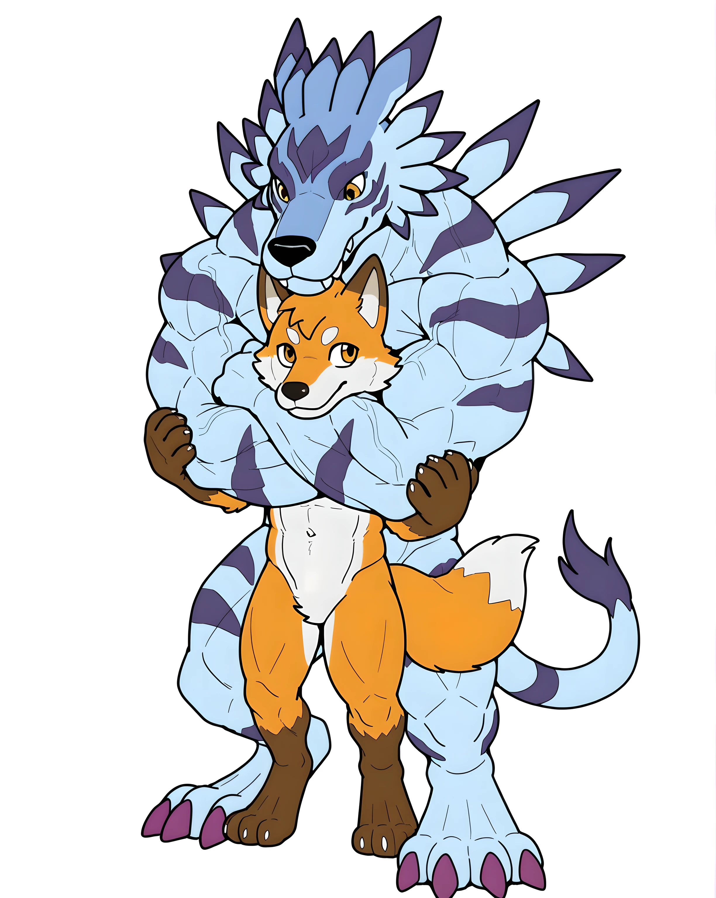 garurumon, feral, muscular, male, cel shaded, flat color, standing, big paws, purple claws, big head, pecs, proud posture, detailed eyes, two characters, multiple characters, anthro fox, small fox, size_difference, chokehold, head_lock, arms around neck, white background, looking at each other, (bulging muscles, veiny biceps, veiny arms)