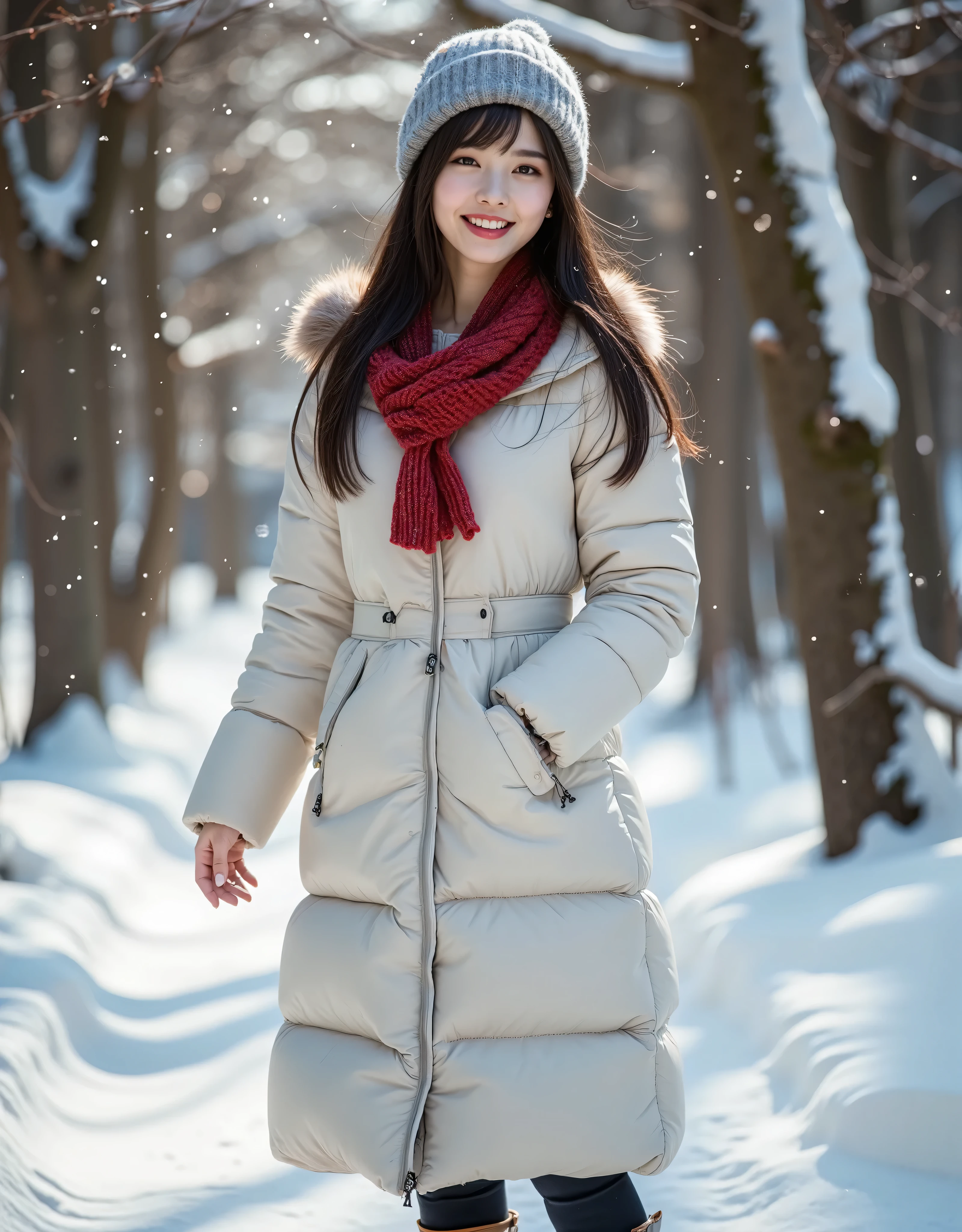 (Canon), (EOS R5), (50mm), (No lens flare :1.5), (超 high resolution), ( Masterpiece), accurate,( Skin with texture by Nomi), super detailed, high detail, high quality , Award-winning work , 最 high quality,32K, depth of field, digital camera, award-winning glamour photo , professional lighting, (SFW), ((最 high quality:1.5)), (( Masterpiece:1.5)), (( by Nomi)), high resolution, ( very beautiful and cute one Japanese woman ), (( upper body shot :1.5)), ((Beautiful Beautiful , 18 year old Japanese)), (( high school girl)), pretty and fluffy black hair long hair , very sexy, charming beauty, seductive pose holding hands, Height: 160cm, slim figure, beautiful shaped big bust , E Cup, ( beautiful, Fluffy, black hair, medium hair :1.5), ( very cute smile:1.5), beautiful gold realistic earrings , Detailed facial features , (Extremely detailed and realistic skin :1.5), (( extremely detailed realistic eyes :1.5)), ((Extremely beautiful eyes :1.5)), (( Extremely Detailed, long, Beautiful Lashes :1.5)), ((Extremely detailed and beautiful eyebrows :1.5)), (( Extremely Detailed, Attractive, and Moisturized Lips :1.5)), (( white teeth beautifully arranged )), very detailed, Snapshot, Natural Soft Light , In a snowy forest , (( beautiful woman wearing a long white down coat)), dancing gesture , Depiction of light, It's snowing, white breath coming out of her mouth , cute and beautiful face like an angel , Round face, Double eyelids, Big brown eyes, Beautiful irises, beautiful black hair,A warm and happy expression , Embarrassingly red cheeks, Refined Hat , stylish red winter scarf , Snow boots , Beautiful nature ,Outdoors, (最 high quality,masterpiece:1.3, 超 high resolution), ( very detailedな, caustics), human skin in high resolution , natural skin texture , Uses natural light and colors,( depth of field, Color Difference, Wide-area lighting, Natural Shading), (Night Outdoors lighting:1.4), ( It's snowing:1.3), ( a very beautiful and cute Japanese woman :1.2), (Reflective Snow:1.2), (( dynamic angle))