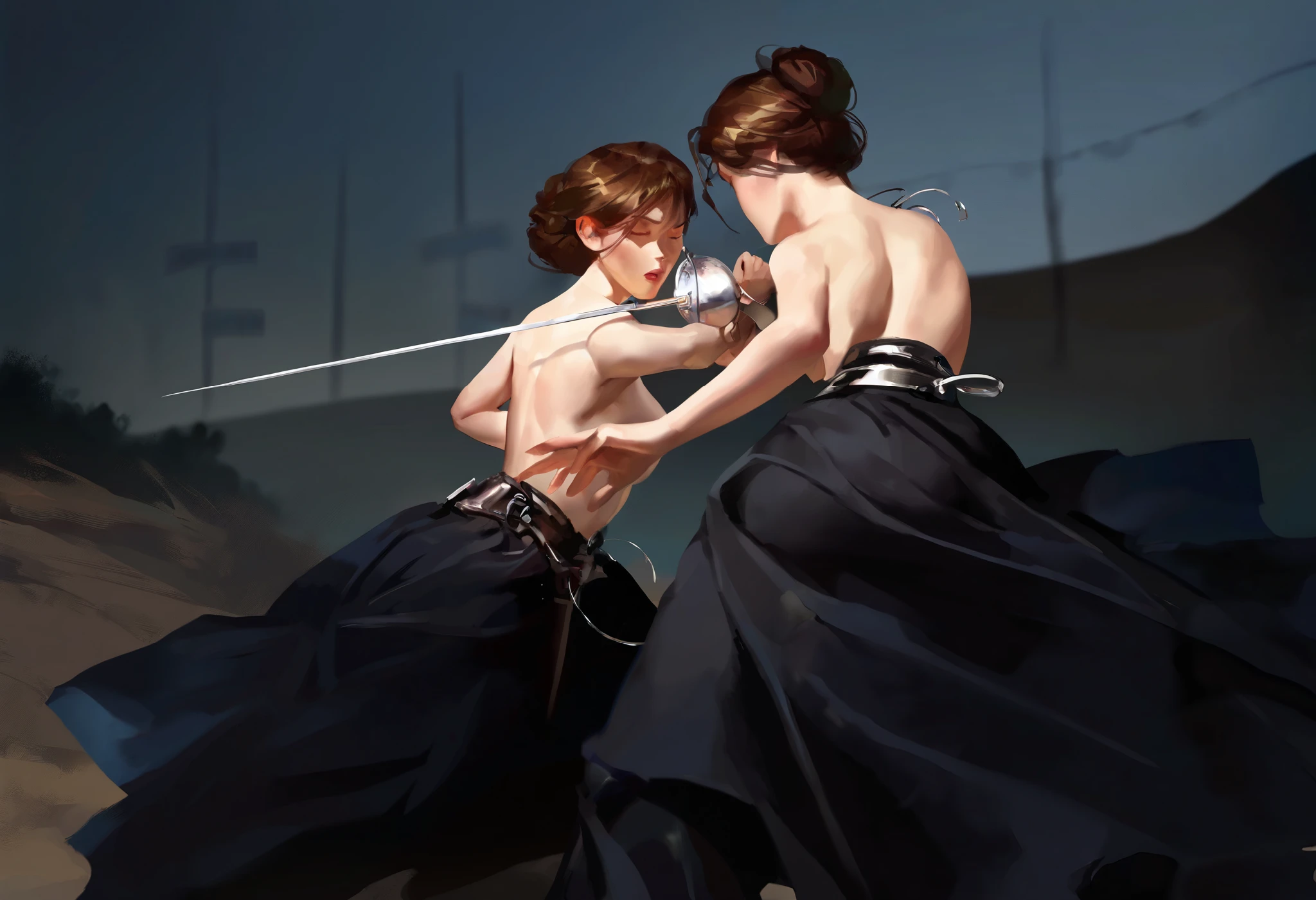 masterpiece, best quality, newest, absurdres, highres, outdoor, 1700s fashion theme, semi realistic,
2girl, 2 girl dueling in fencing, ((rapier)), sword fighting, thrusting each other, sparring, ((duel)), wearing long skirt, topless, (thick plump body:0.7), ((two meter distance between fighter))