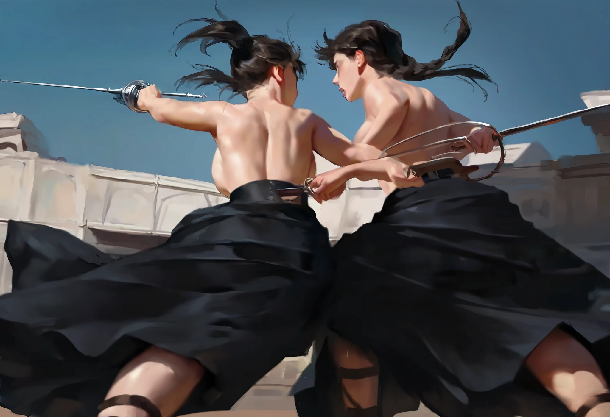 masterpiece, best quality, newest, absurdres, highres, outdoor, 1700s fashion theme, semi realistic,
2girl, 2 girl dueling in fencing, ((rapier)), sword fighting, thrusting each other, sparring, ((duel)), wearing long skirt, topless, (thick plump body:0.7), ((two meter distance between fighter))