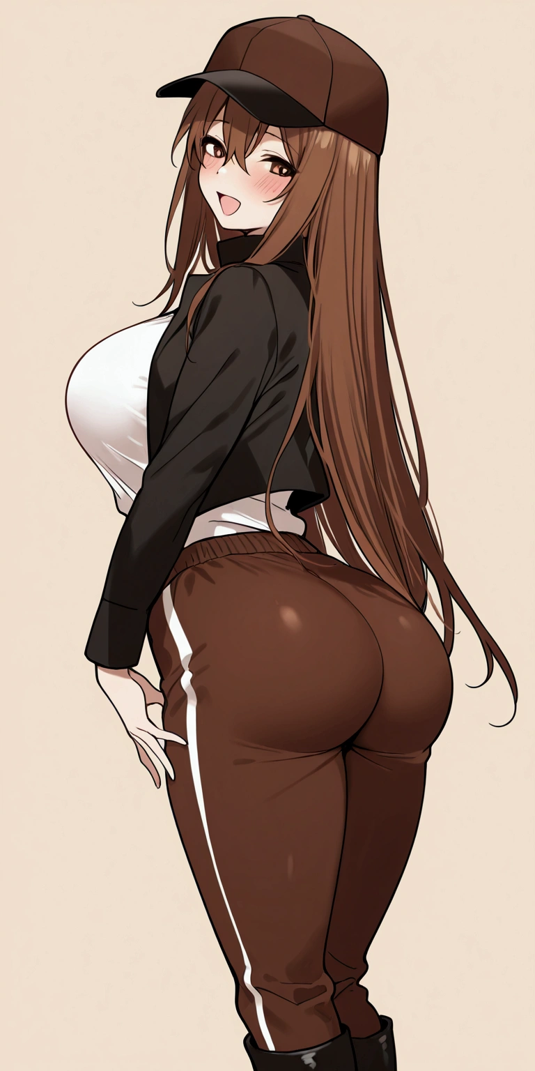 A realistic digital illustration of a young woman with long, light brown hair. She is wearing a black turtleneck sweater and oversized grey pajama pants that accentuate her curves and buttocks. The woman is posed with her back slightly turned, one hand touching her chin, and her head turned to the side, looking over her shoulder. The lighting is soft and casts gentle shadows on her figure, highlighting the texture of her clothes and her body shape. The background is a gradient from dark purple to beige, creating a subtle, elegant atmosphere. The overall style should be realistic, with attention to detail in the clothing folds, lighting, and anatomy.[realistic digital illustration, young woman, long light brown hair, black turtleneck sweater, oversized grey pajama pants, accentuated curves, accentuated buttocks, back slightly turned, one hand touching chin, head turned to the side, looking over shoulder, soft lighting, gentle shadows, detailed clothing folds, detailed lighting, detailed anatomy, gradient background, dark purple to beige, subtle elegant atmosphere]
