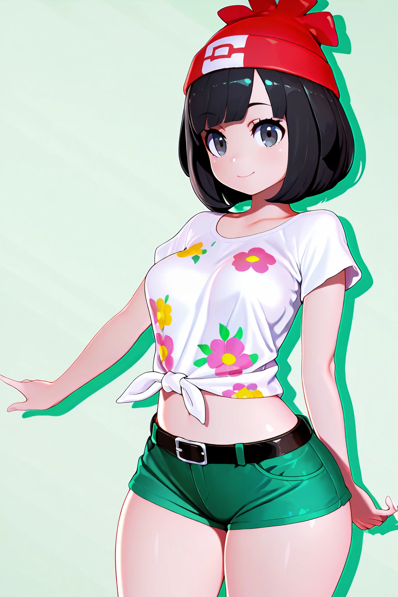 masterpiece, best quality, medium breasts, (curvy), BREAK, zzSelene, 1girl, solo, black hair, green shorts, red headwear, beanie, shirt, tied shirt, floral print, short hair, short sleeves, short shorts, striped, white shirt, belt, smile, looking at viewer, cowboy shot,