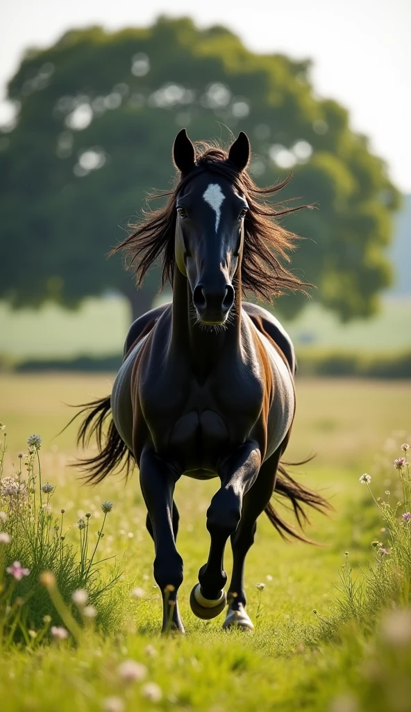 There is a sunny weather. There are grasses and flowers. There is a huge old tree visible from afar.  there is a bright black horse in front of the tree. The horse is quite imposing. Horse eats grass in front of tree. There are birds in the air.  The sun's rays illuminate the surroundings.