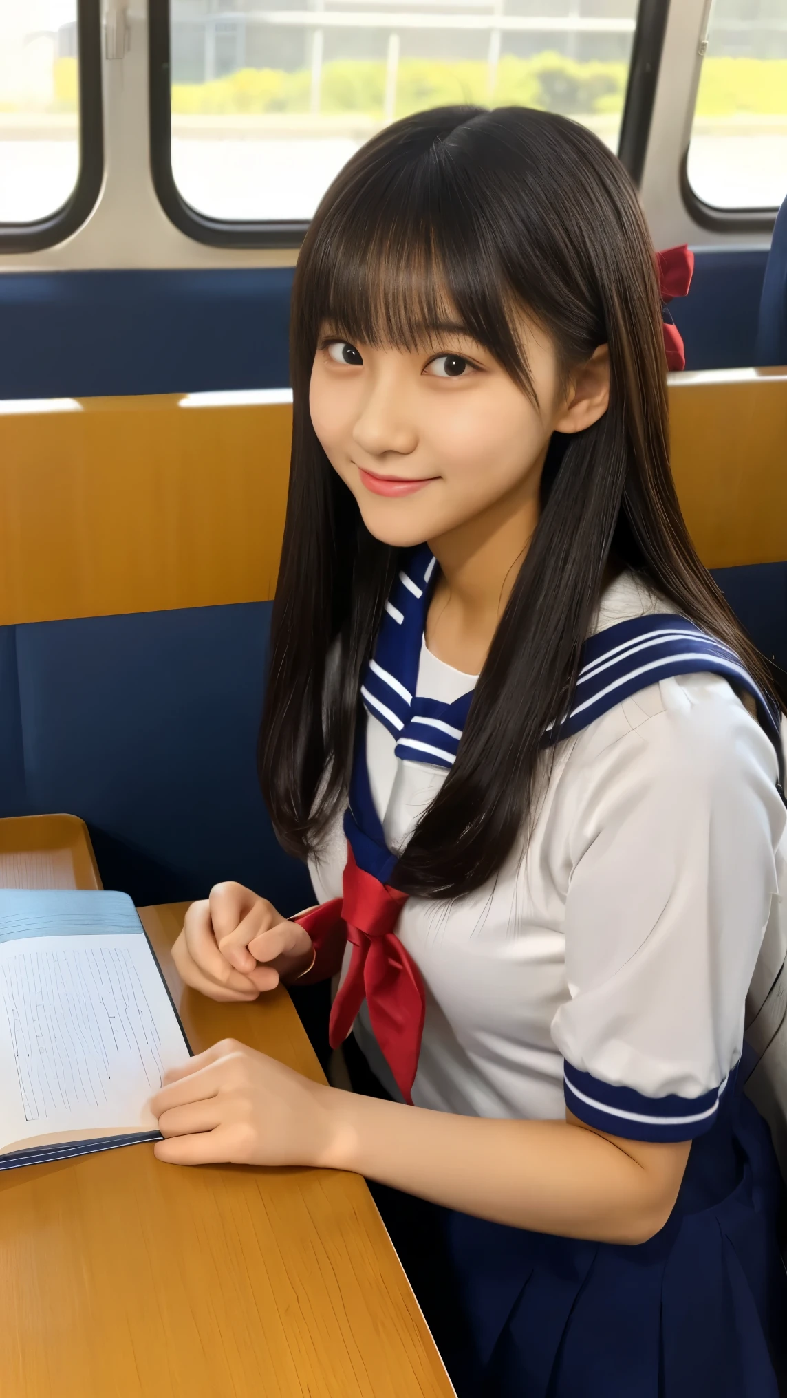  Masterpiece、   Best Quality Conversation 、  Train illustration  、   超 Details、   Details、    high resolution、   8k wallpaper、   perfect dynamic composition、  beautiful,   beautiful,    girl、 mature     、   Korean Idols、   beautiful Face with Attention to Detail 、 Detailed   beautiful Eyes  、   textured skin 、 With a faint smile、   small breasts、Thin arms、  female middle school sailor 