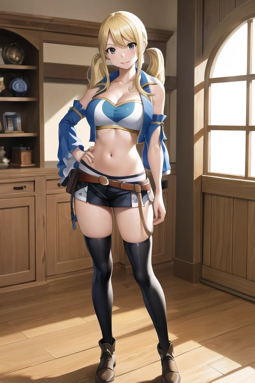 masterpiece, best quality, highres, lucy heartfilia, blonde hair, twintails, large breasts, detached sleeves, midriff, cropped vest, strapless, belt, black miniskirt, cowboy shot, indoors, standing, full body photo shoot, full body pict