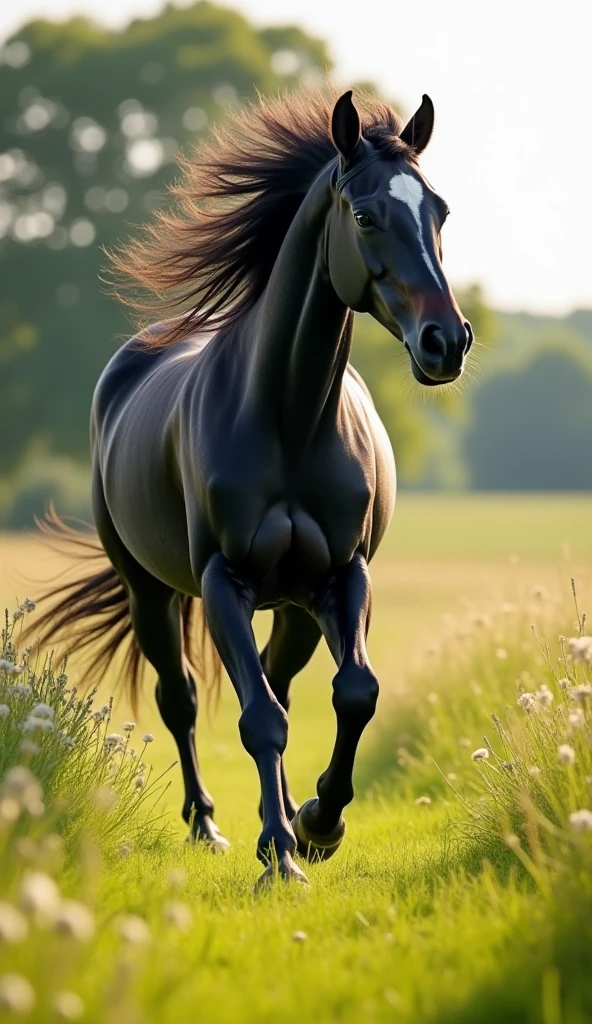 There is a sunny weather. There are grasses and flowers. There is a huge old tree visible from afar.  there is a bright black horse in front of the tree. The horse is quite imposing. Horse eats grass in front of tree. There are birds in the air.  The sun's rays illuminate the surroundings.
