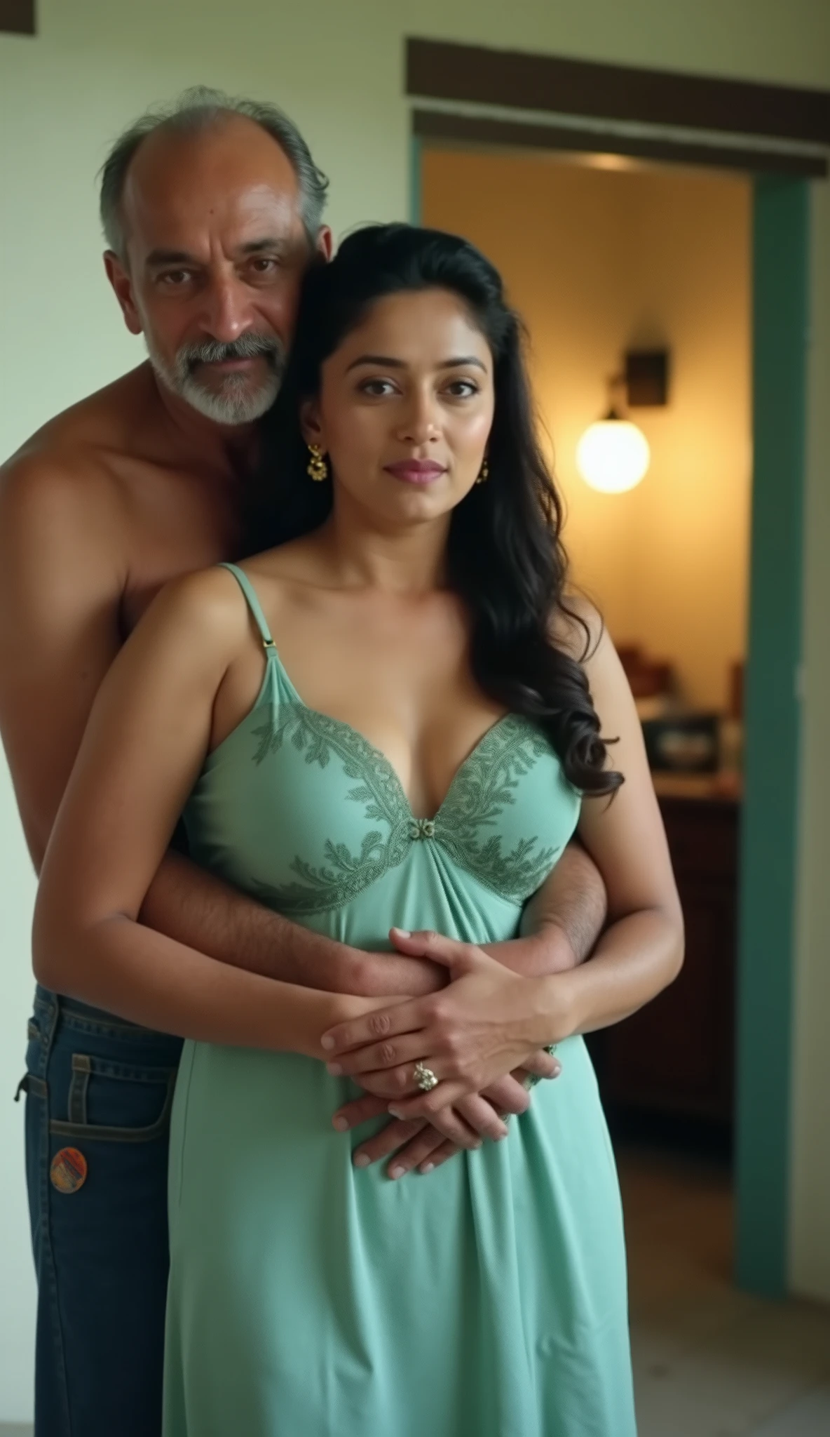 A 80 year old man and young pretty woman maddflx age 25, stand closely together in a dimly lit room. The man, bald, with a short gray beard, is shirtless. The woman wears a sleeveless nightdress. She wears gold earrings. Her expression is a shy smile. Her long, dark hair is styled in a sleek, straight manner. The man's arms are wrapped around the woman's torso, hands clasped over her midriff. The room is living room of poor family. Soft natural light illuminates the scene, creating soft shadows. The overall mood is intimate, evocative of a close relationship.