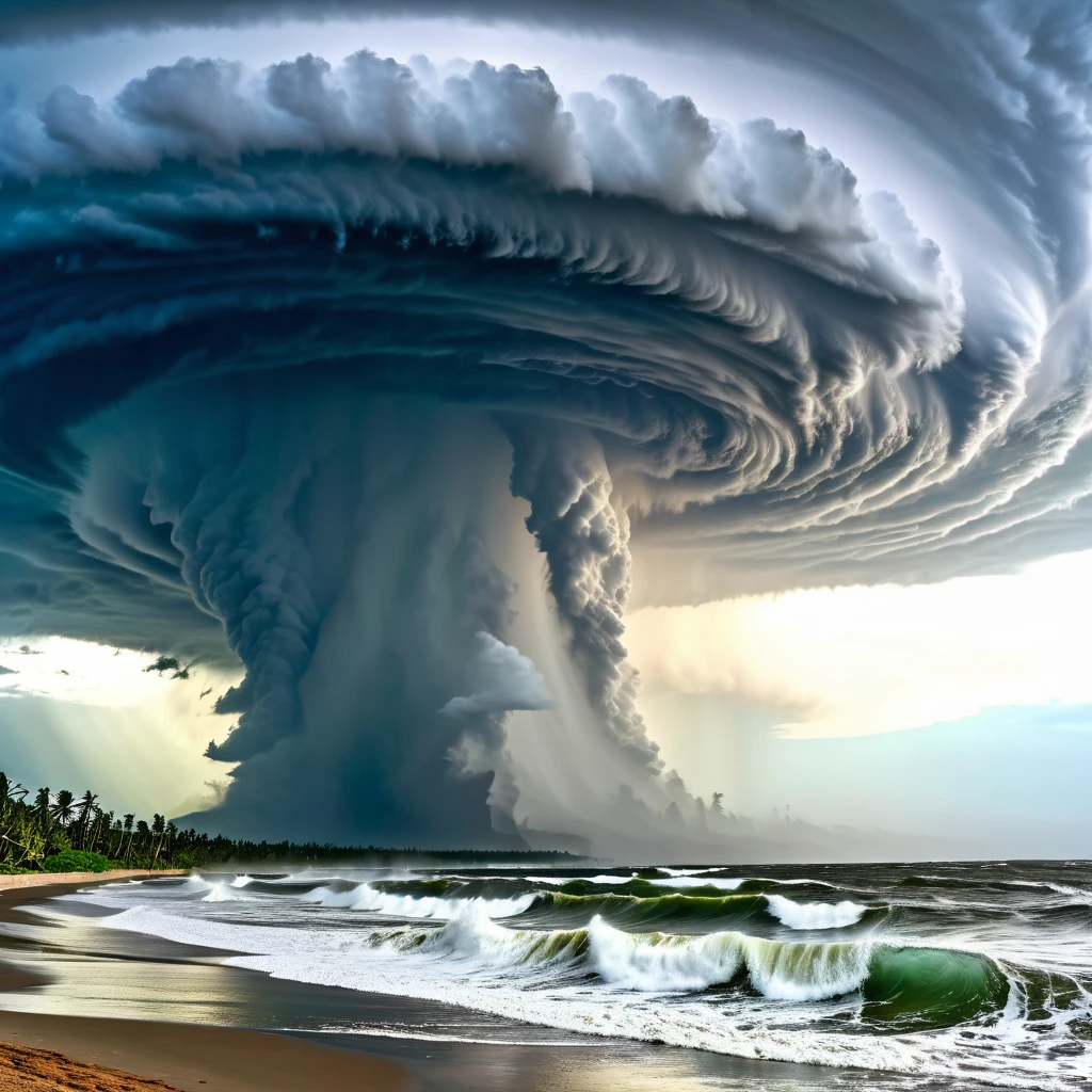 A colossal hurricane rages across the vast ocean, its swirling eye an ominous vortex of raw power. The tempestuous winds howl like a chorus of unseen spirits, bending massive palm trees to their breaking point and sending debris flying chaotically through the air. Torrential rain lashes against the land, turning streets into rivers and carving deep scars into the earth.

Lightning splits the sky with blinding intensity, illuminating the monstrous, churning storm clouds that stretch endlessly across the heavens. Thunder roars like a beast awakened, shaking the ground with its deafening might. Giant waves, towering and relentless, crash against the shoreline, swallowing everything in their path.

In the heart of the storm, amidst the swirling chaos, nature's fury is at its peak—unstoppable, untamed, and magnificent. The atmosphere is thick with tension, the air charged with the raw electricity of destruction and renewal. Yet, within the devastation, there is an eerie beauty—a reminder of the planet’s untamed and awe-inspiring power.