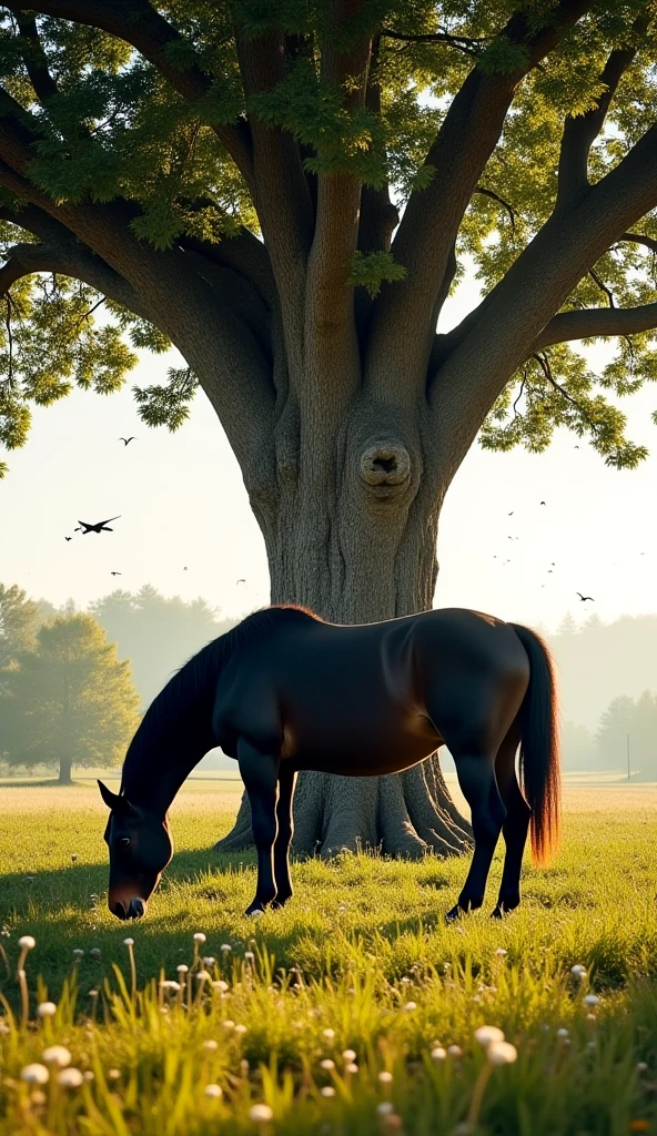 There is a sunny weather. There are grasses and flowers. There is a huge old tree visible from afar.  there is a bright black horse in front of the tree. The horse is quite imposing. Horse eats grass in front of tree. There are birds in the air.  The sun's rays illuminate the surroundings.