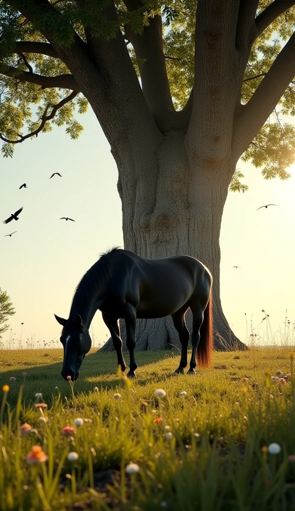 There is a sunny weather. There are grasses and flowers. There is a huge old tree visible from afar.  there is a bright black horse in front of the tree. The horse is quite imposing. Horse eats grass in front of tree. There are birds in the air.  The sun's rays illuminate the surroundings.