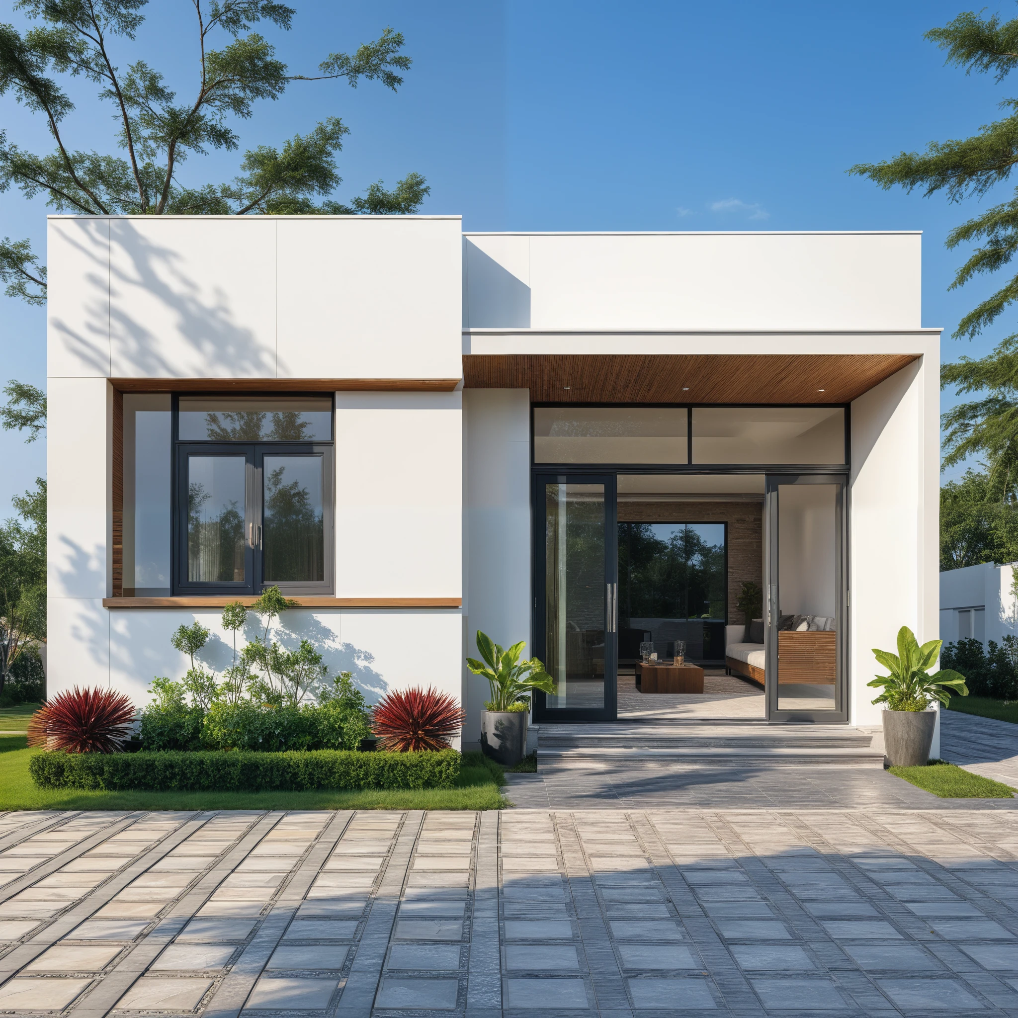 1 morden WHITE house,1large yard, 1 road runs in front of the house, (RAW photo, real, best quality, masterpiece:1.2), look morden minimalist, 1 road in front of the house, the exterior of an elegant single family home features large windows, ((a dark gray door frame)), dynamic lighting:1.3, (hyper realistic, photo-realistic:1.2), high quality, (dark lighting:1.2), perfect lighting, archdaily, no human, light at 12 noon, warm light in door:1.4, blue sky:1.3, shimering lighting:1.2,