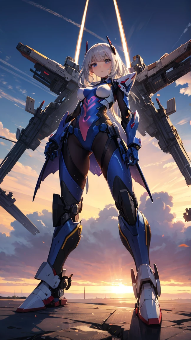 Muscular beauty with long blond hair,helmet,Abdominal muscles,White blue sci-fi armor,cleavage,Bare waist,briefs,Back rocket launcher,Bare Legs,Big cities