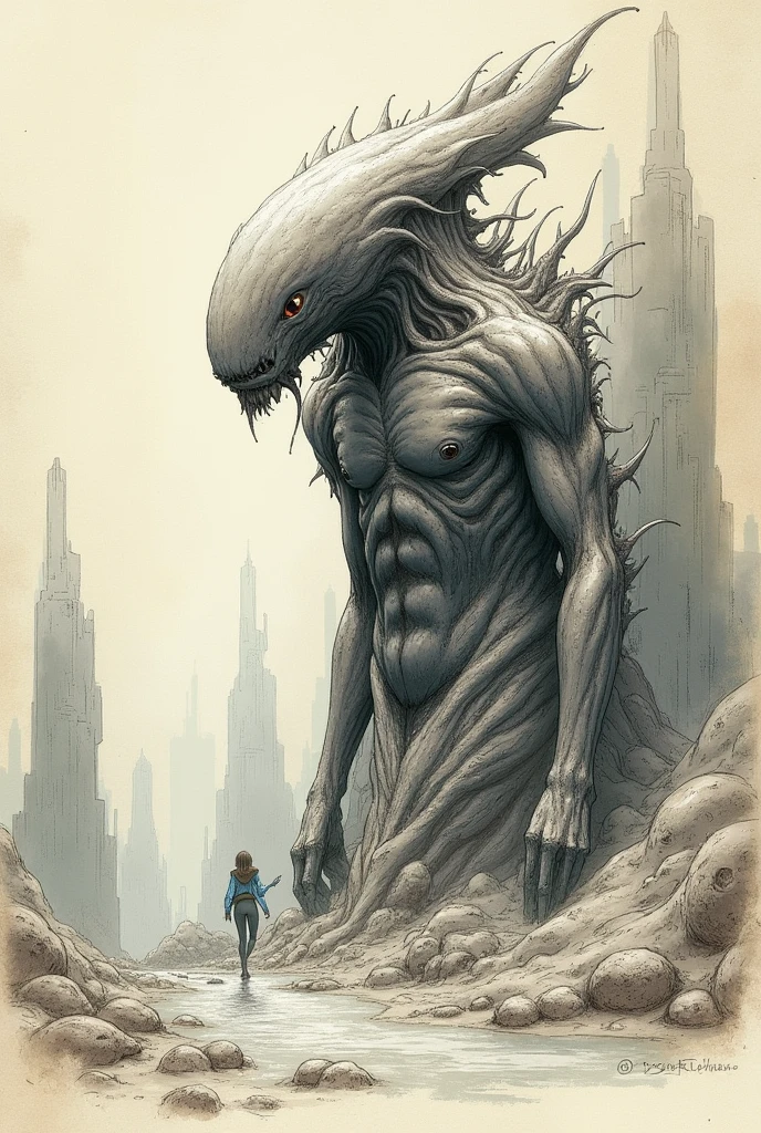 Artsy illustration style. A tall muscular, scaled, gray alien stands in the hall of the spaceship. White pristine rounded walls nd pannels fill the scene.