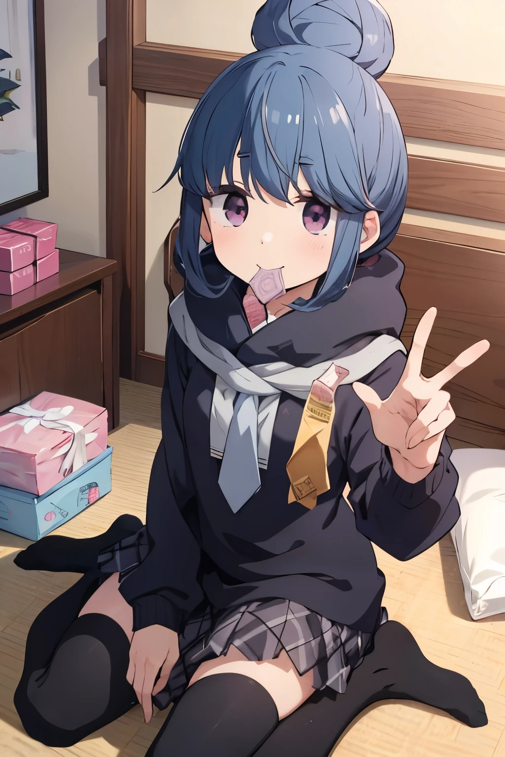 Shimarin, dark blue hair , Rin Shima, yuru camp, score_9, score_8_ up the side, score_7_ up the side, source_Anime, (Anime coloring, Anime screencap:1.2), flat color, goddess magazine, shiny skin, used condoms, Condom in mouth, throw, from above, Seated , wariza, V sign, Shimarin, Bun Head, small breasts, topless, , micro panties , 屋内で, is staring at viewers, seductive smile , , closed her mouth, bedroom, plush bear, tissue , condom packaging, viewfinder