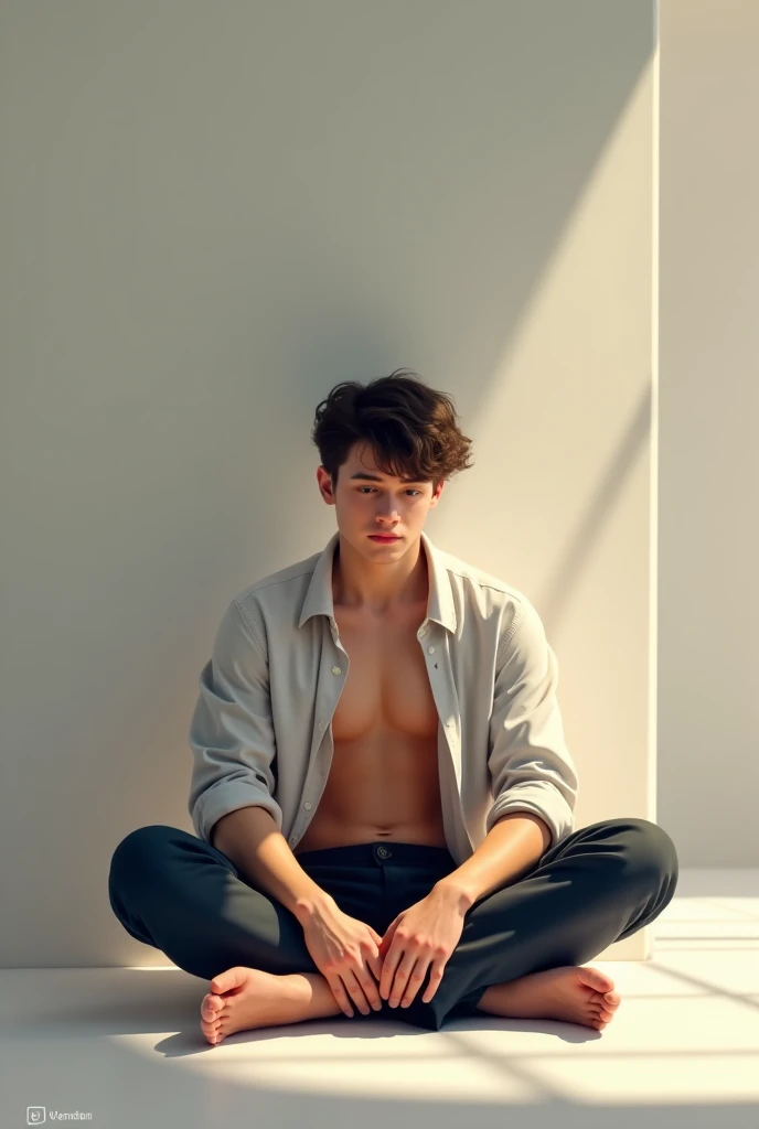 hot boy with 6 pac in little distance, look right, leaning on a wall, sitting on floor、solo、white skinned,(little long hair)、Detailed body、(Detailed face) 、 Top resolution、 profesional lighting、 Gray light illumination,a little distance, 6 pak 