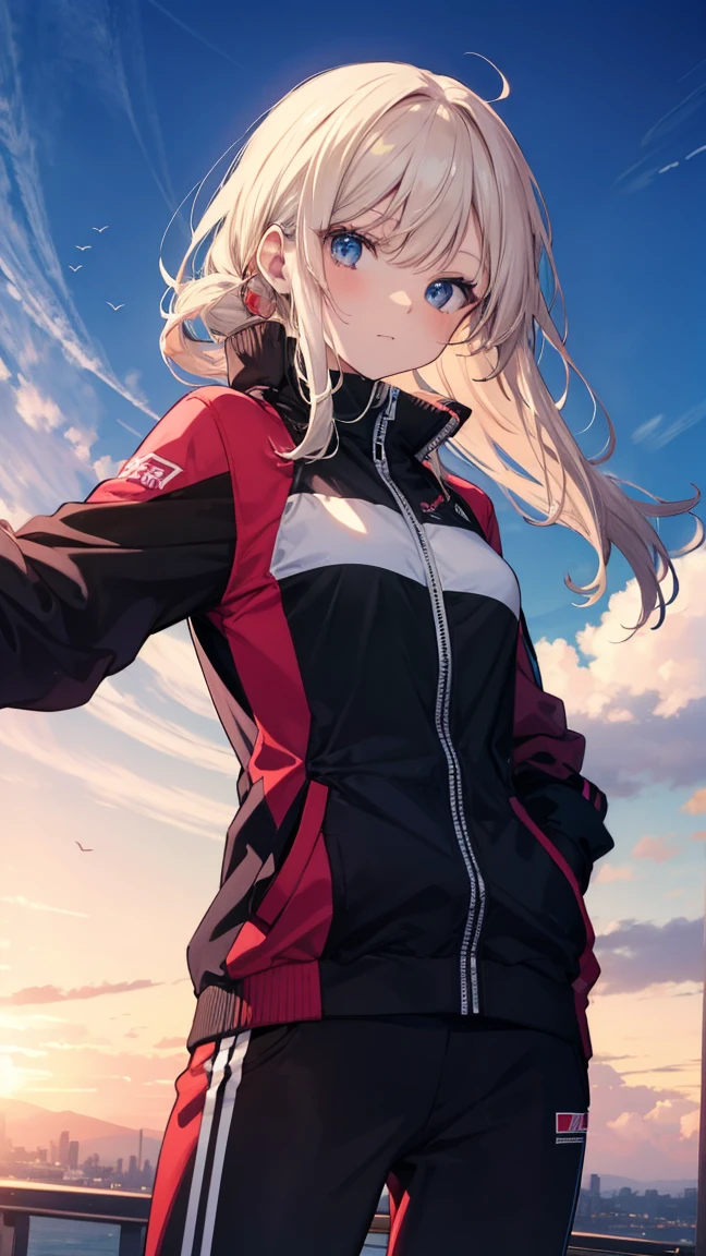 incredibly absurd, best quality, free fit, anime character, girl, 18 years old, Gyaru, Tomboy, black skin, blonde hair, mordred haircut, blue eyes, white bikini, white panties, darkblue letter jacket, happy, holding beer on the beach, 4k (detailed background with swirling rose petals in dark gloomy atmosphere). CG, unity, Wallpaper 4k, highly detailed